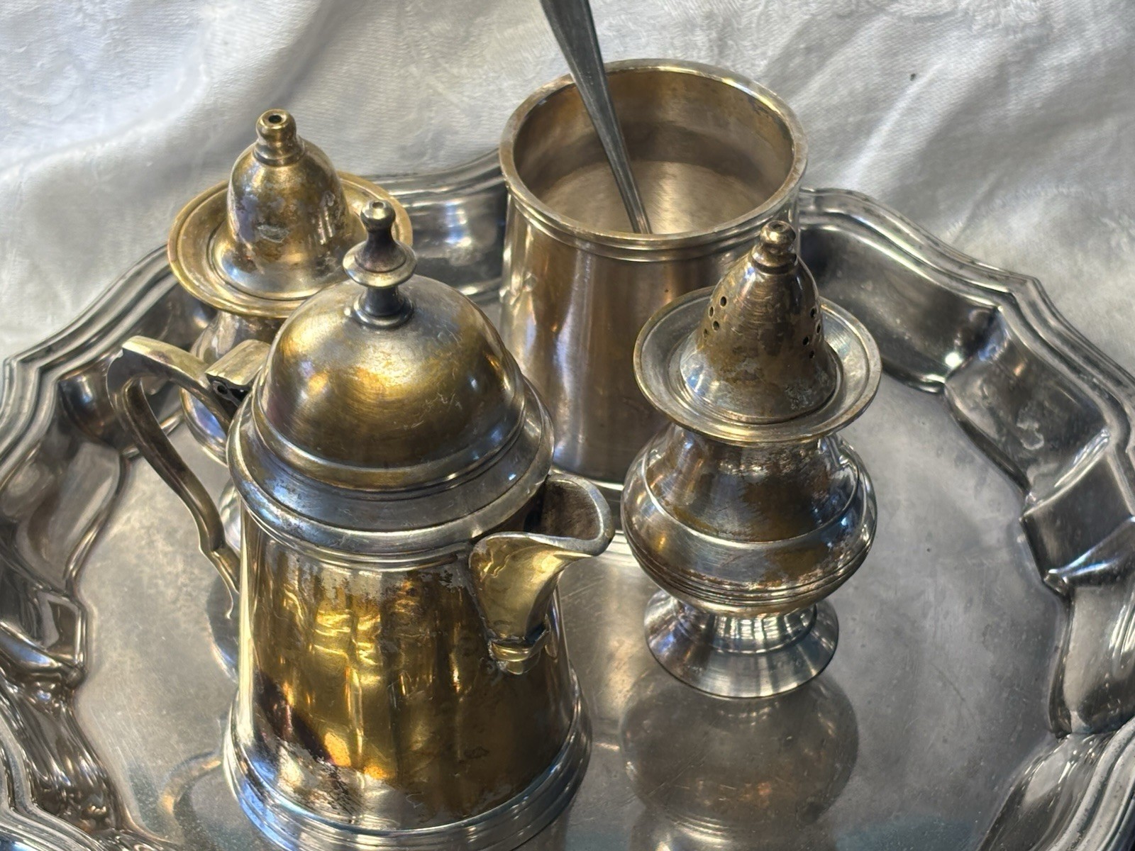 Sterling Silver Plated Creamer, Sugar & Salt/Pepper Shakers On Silver Plater