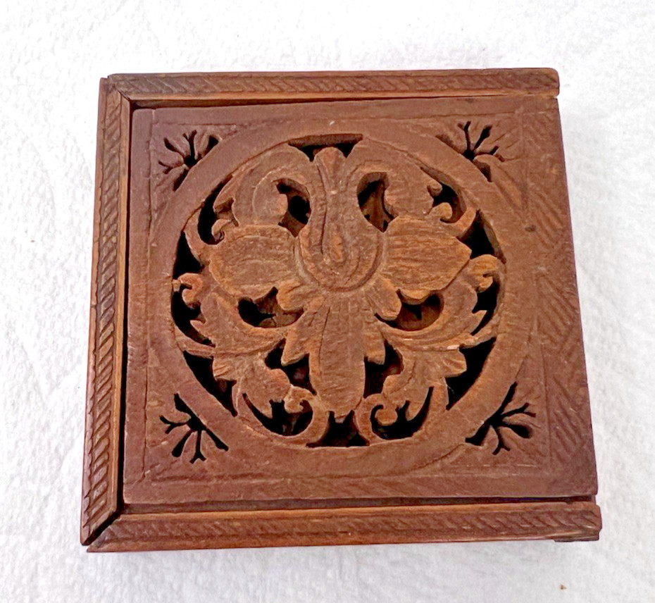 Antique Wood Puzzle in Box Open Fretwork Floral Victorian Design Miniature