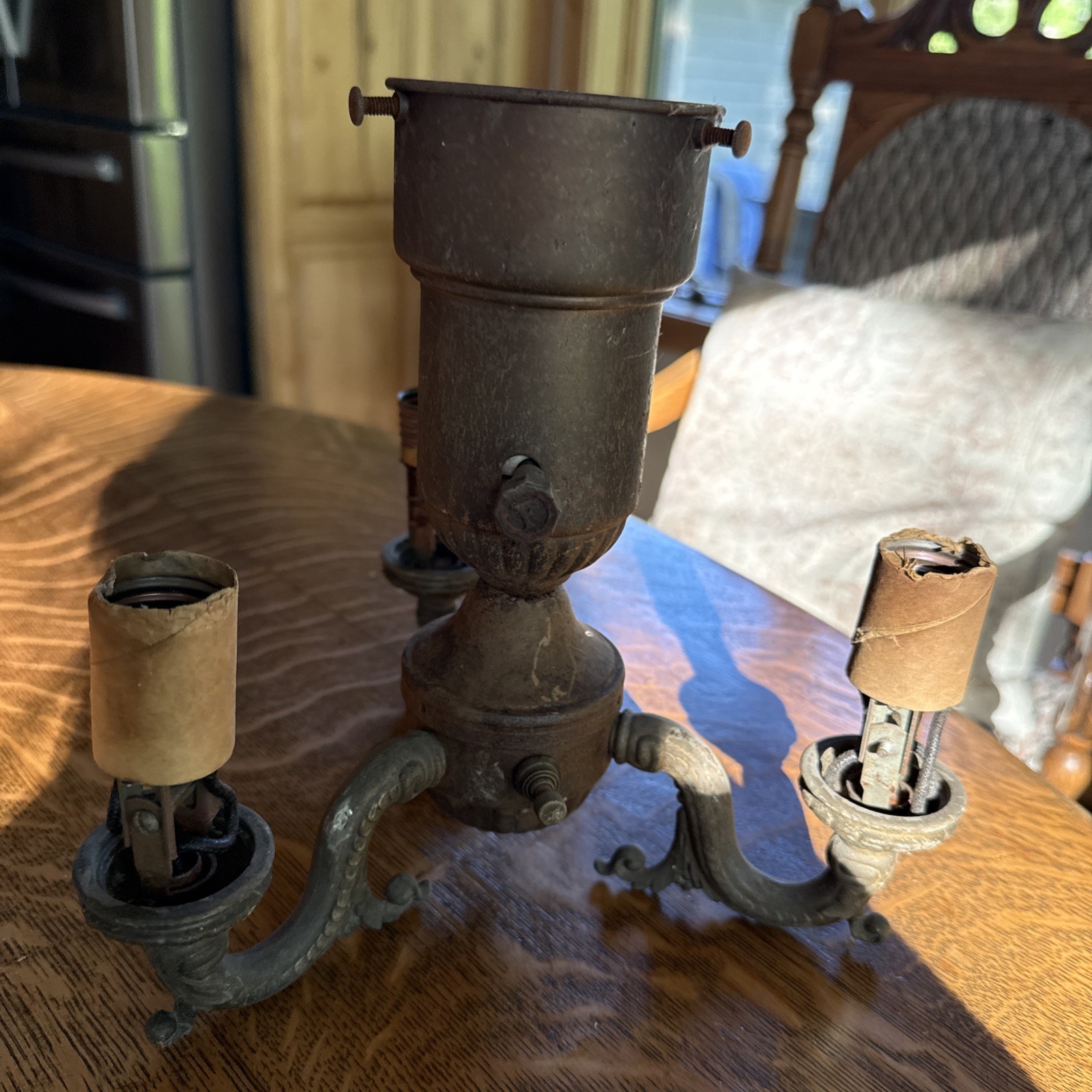antique 1920s or 1930s Art Deco three-light candelabra Salvage Cast Brass