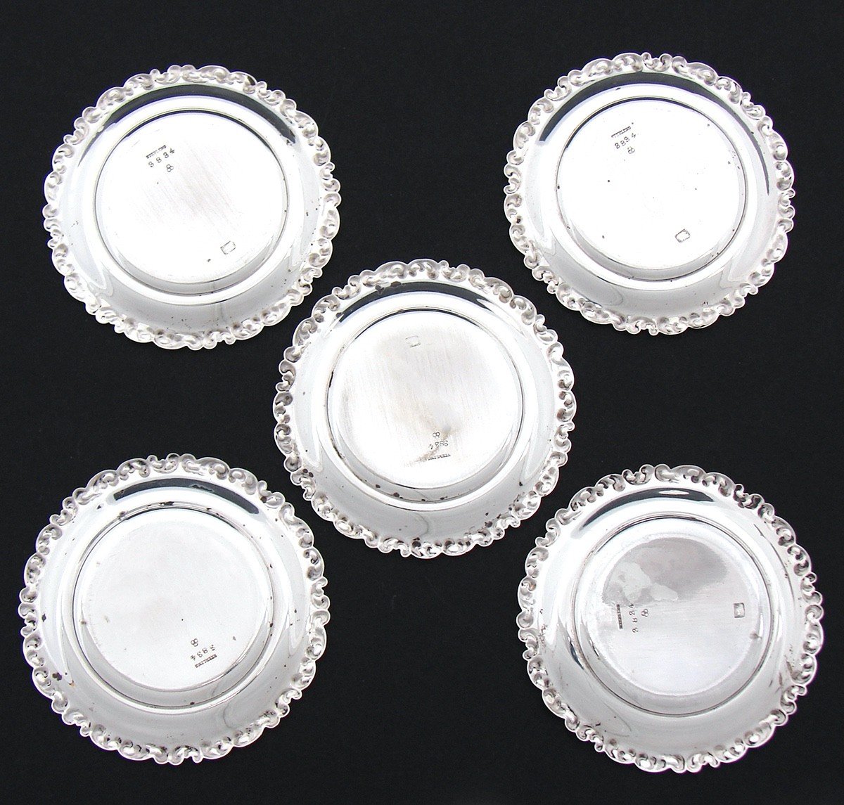 Set of 5 Antique Whiting Mfg Co Sterling Silver 3″ Coaster or Butter Pat Dishes