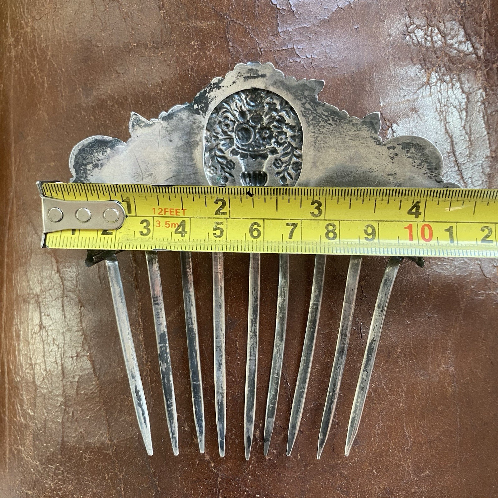 American Early Coin Silver Hair Comb Antique .900 Basket of Flowers Not Sterling