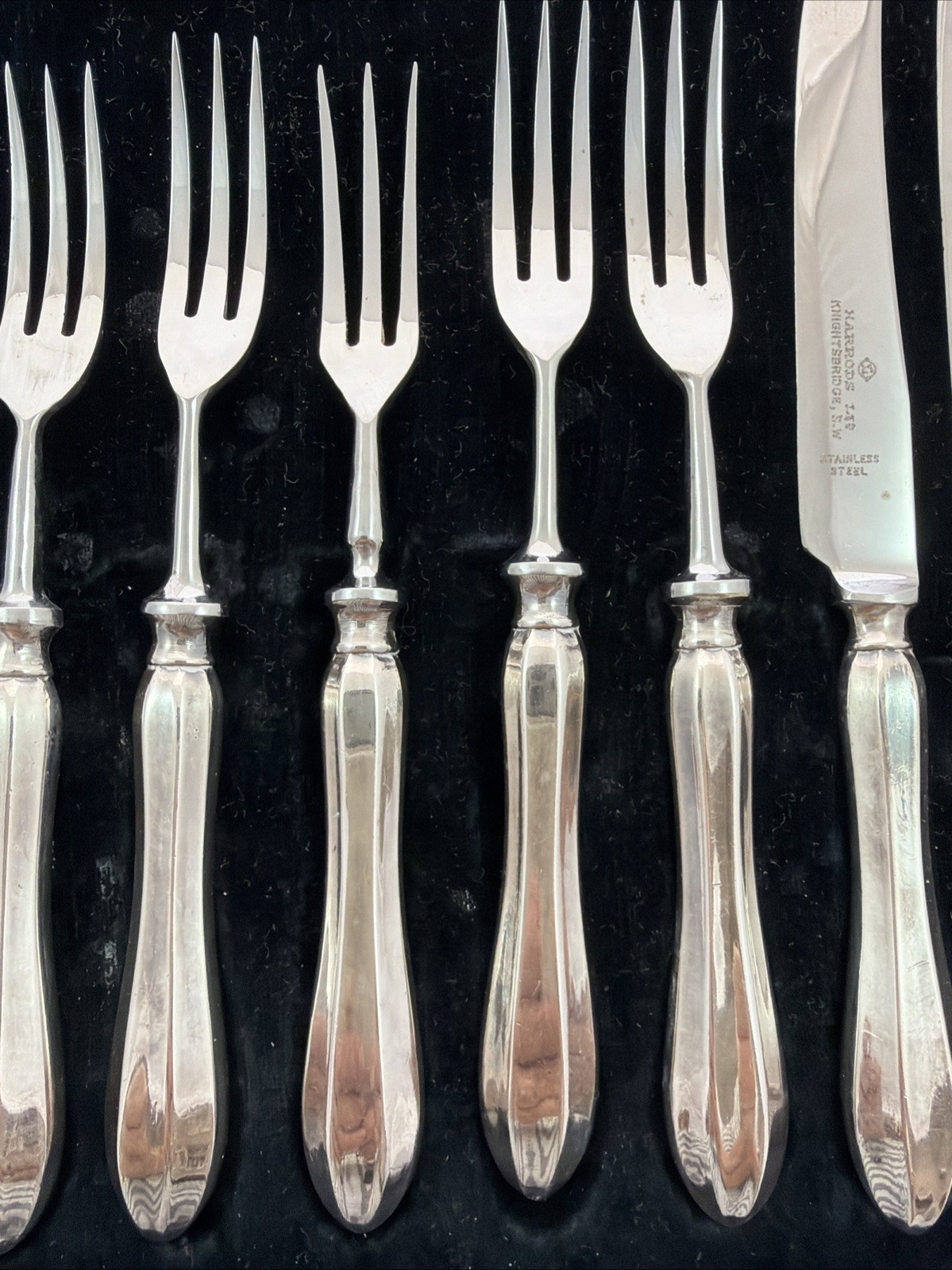 Harrods London S.W. Set of Antique Silver-Plated Dessert Forks & Knives w/ Case