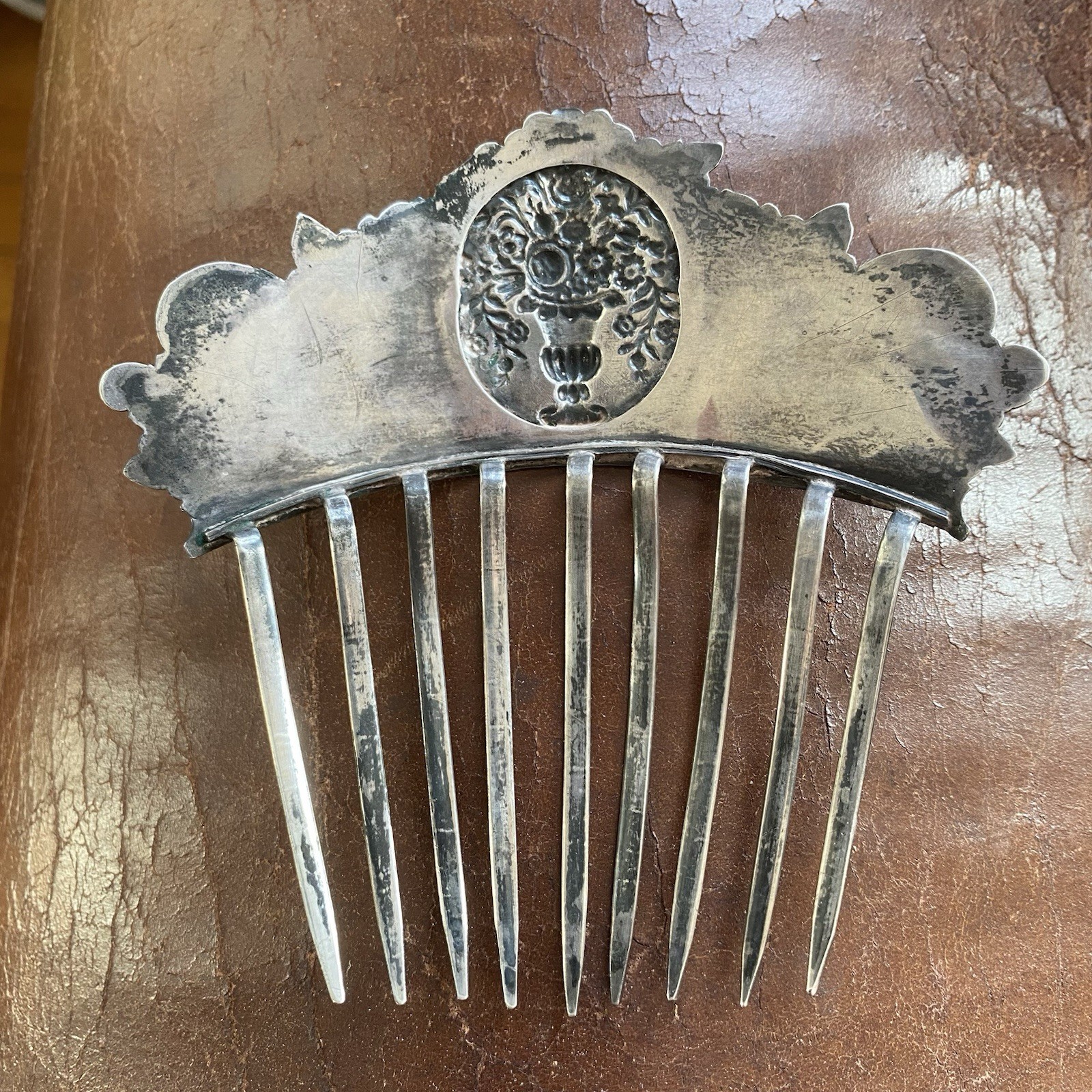 American Early Coin Silver Hair Comb Antique .900 Basket of Flowers Not Sterling