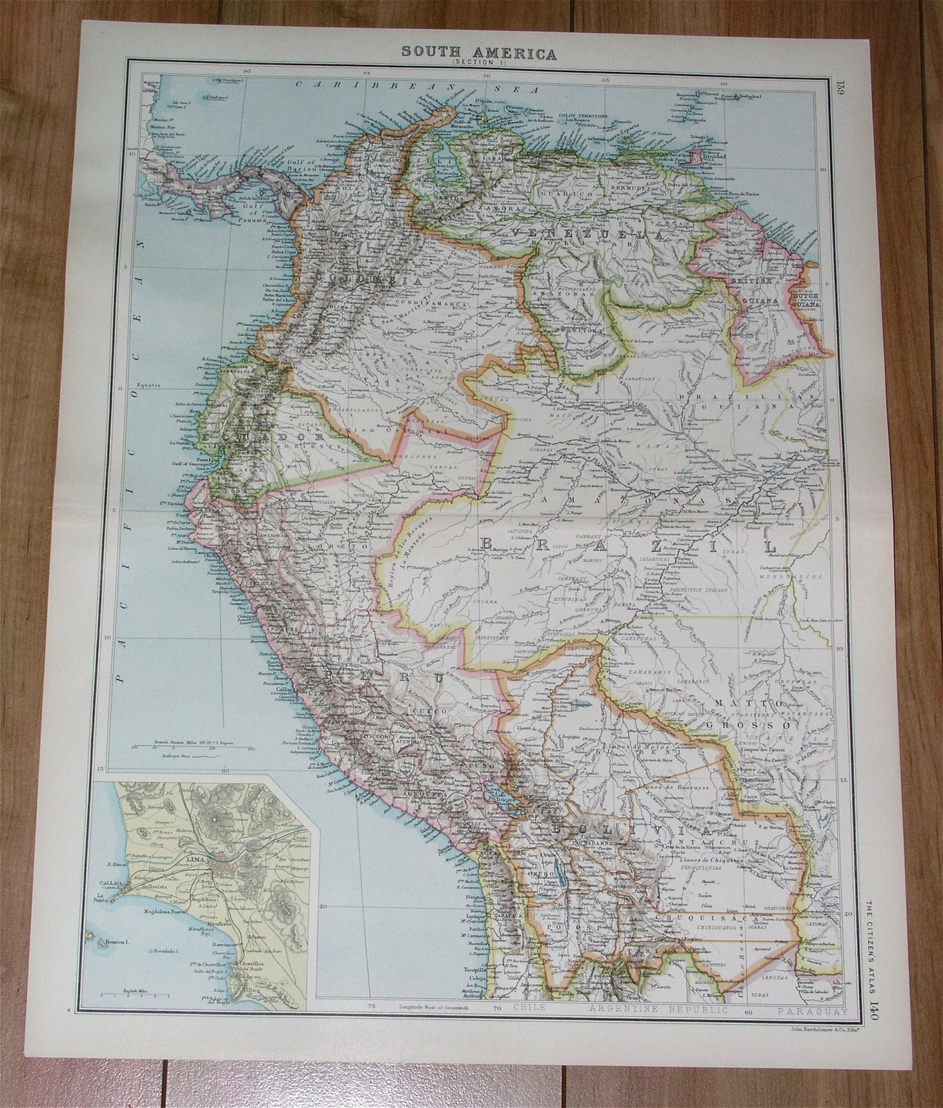 1912 ORIGINAL ANTIQUE MAP OF COLOMBIA ECUADOR PERU LIMA VENEZUELA SOUTH AMERICA