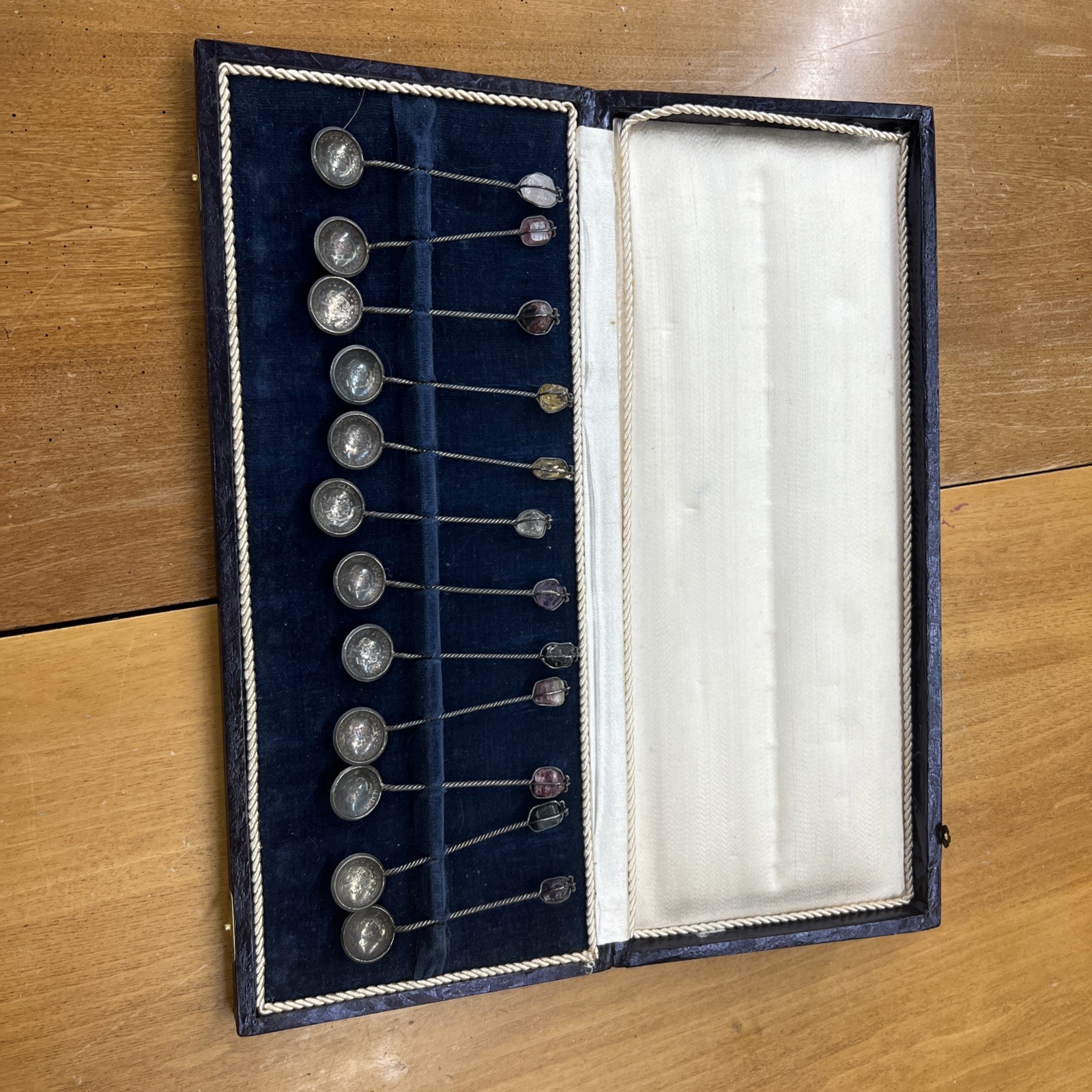 Lot Of 12 Brazil 500 Reis Coin Silver Spoon With Color Stones .900 1907-1913