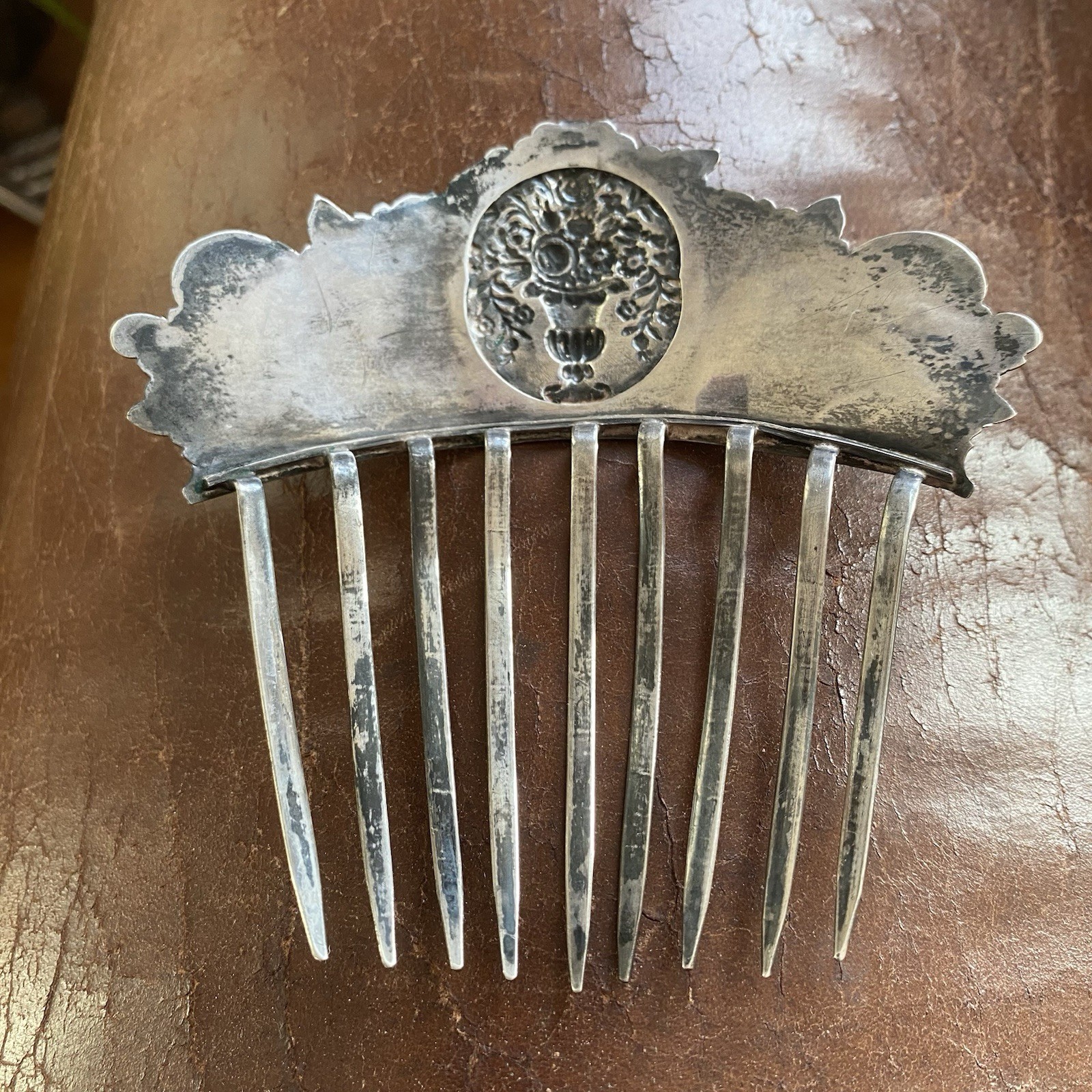American Early Coin Silver Hair Comb Antique .900 Basket of Flowers Not Sterling