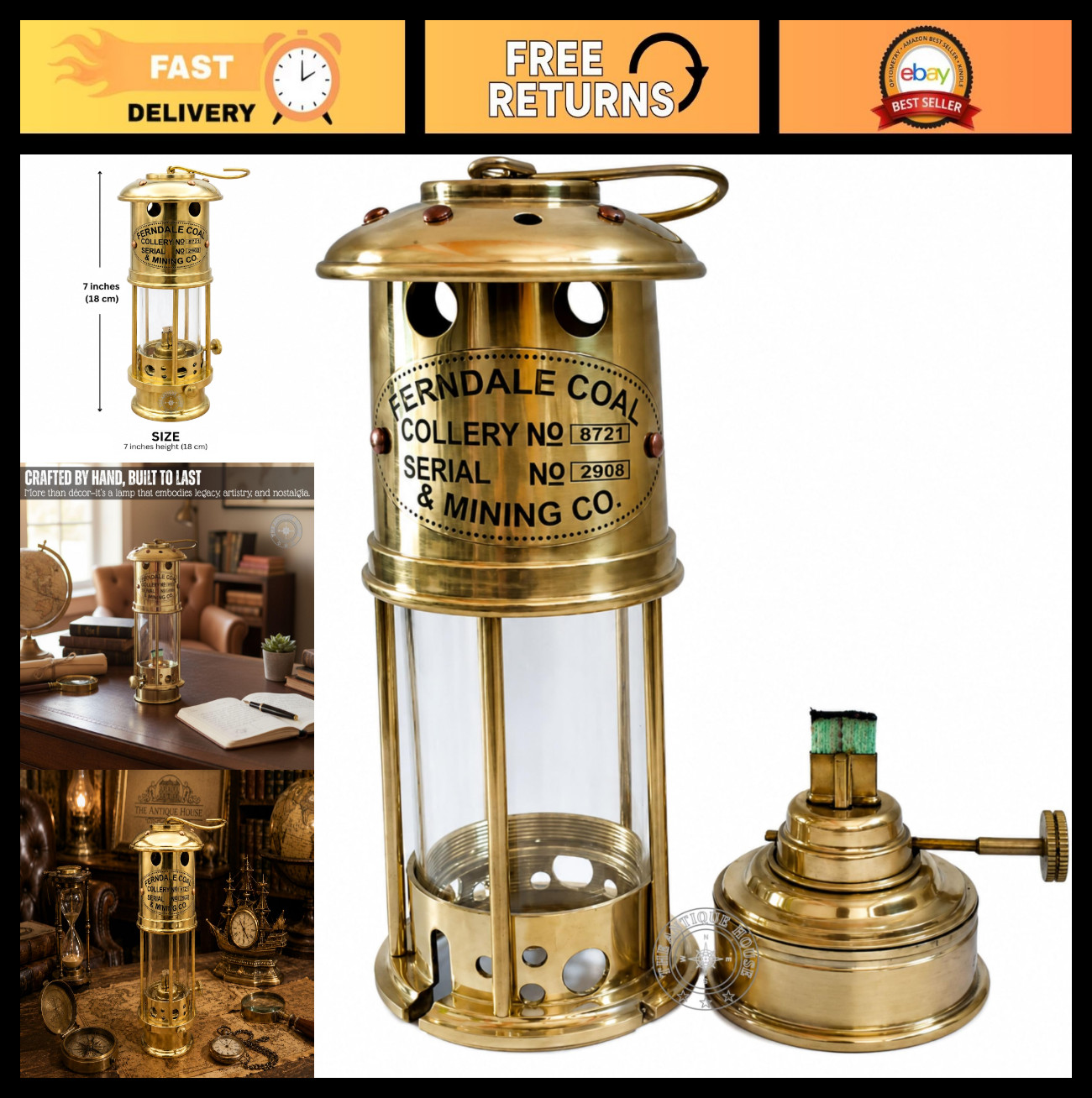 Vintage 7″ Brass Miner Lamp – Antique Maritime Oil Lantern for Home Decor & Gift