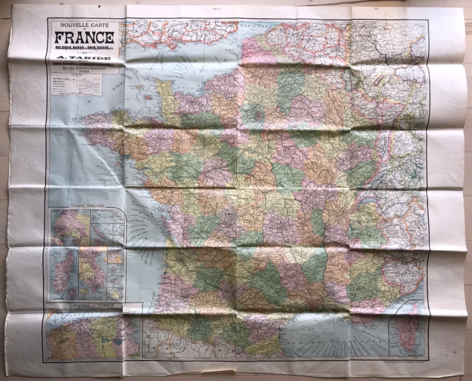 WW1 Nouvelle Carte France Map 41″ Alphonse Taride French Territories Belgique
