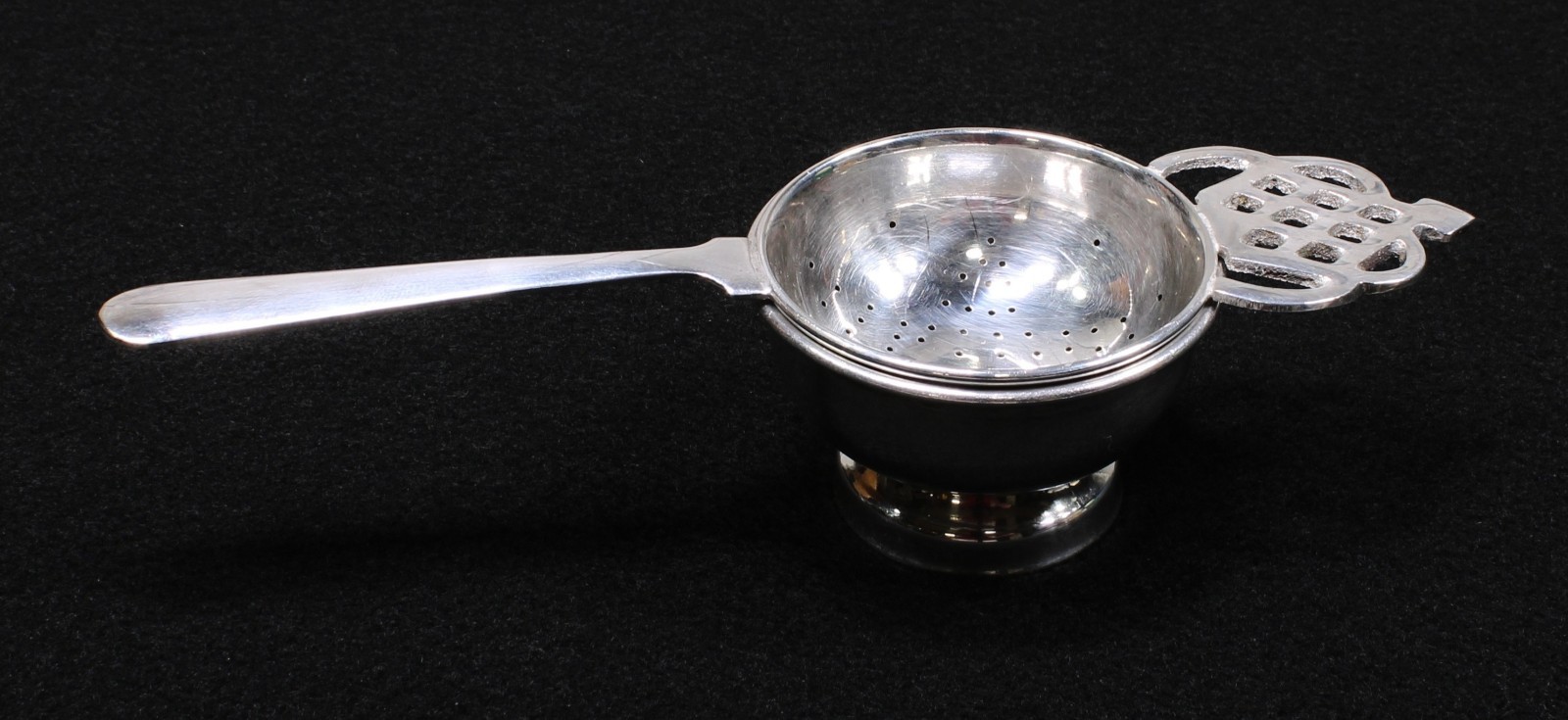 Vintage Silver Plated Tea Strainer With Drip Cup Ornate Crown Lattice Design