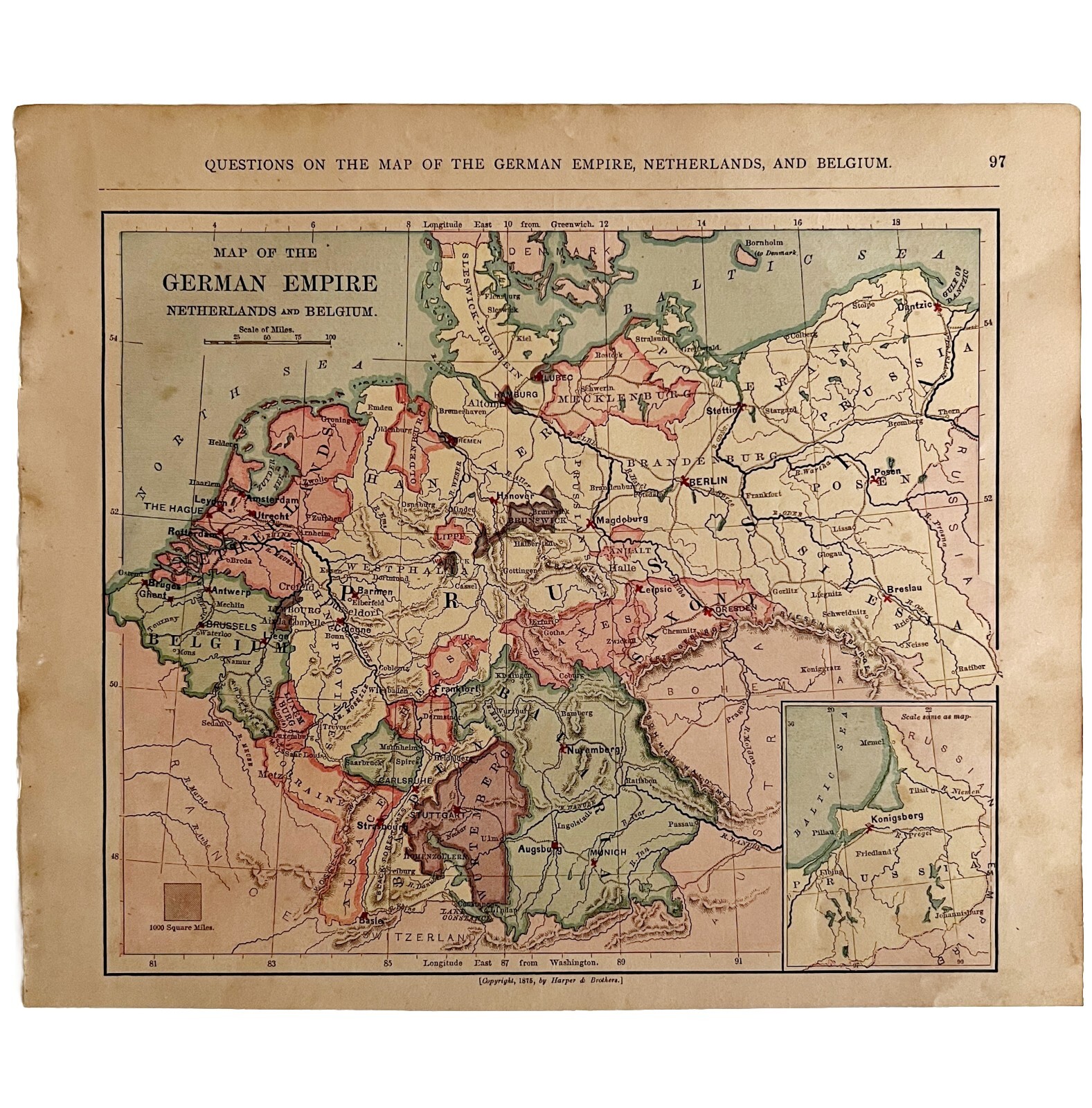 1879 Map German Empire Netherlands Belgium Victorian Geography 1st Ed DWAA9
