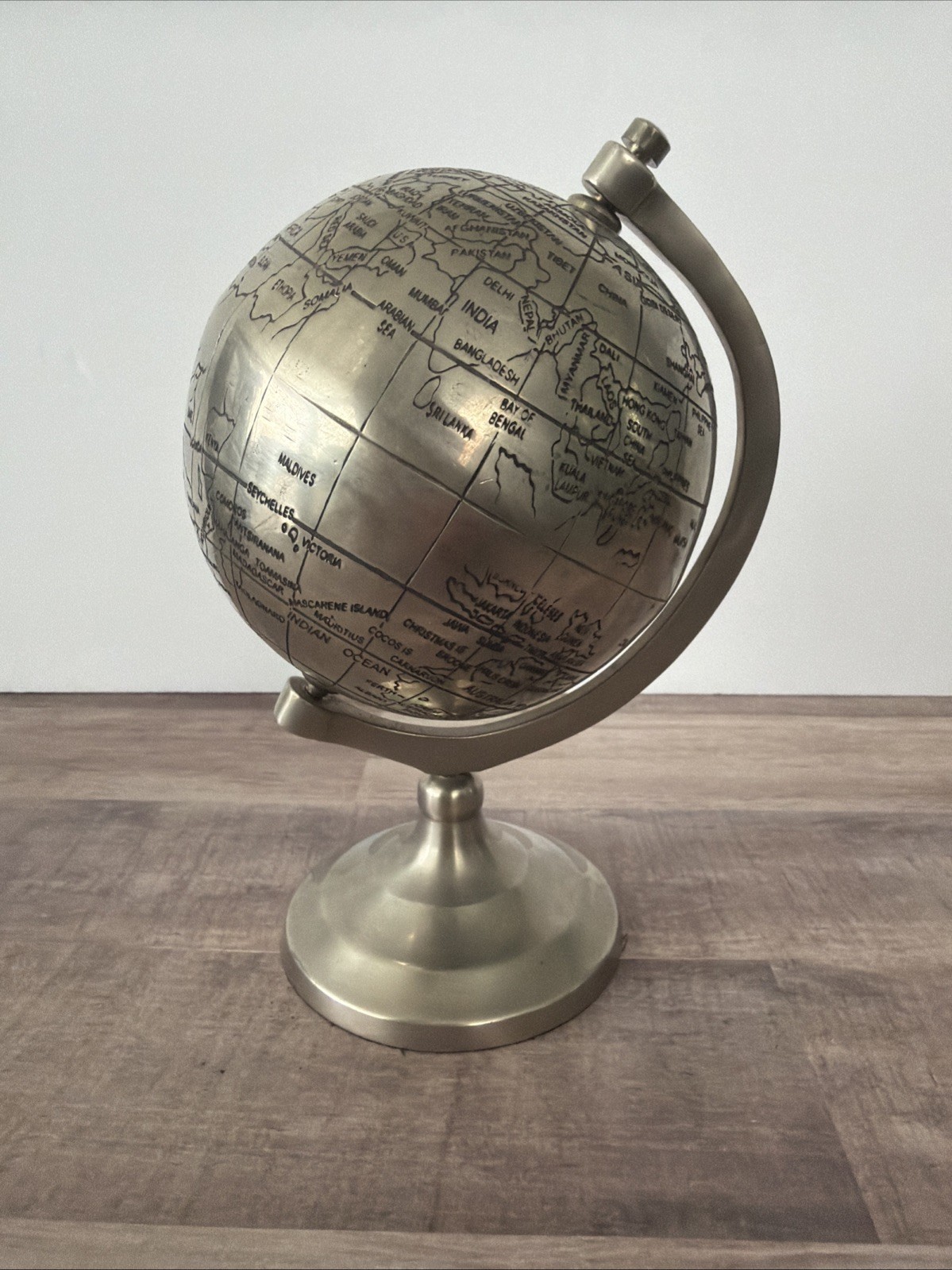 Vintage Globe Aluminum Chrome Made In India Hand Engraved 6.5” Tall Detailed