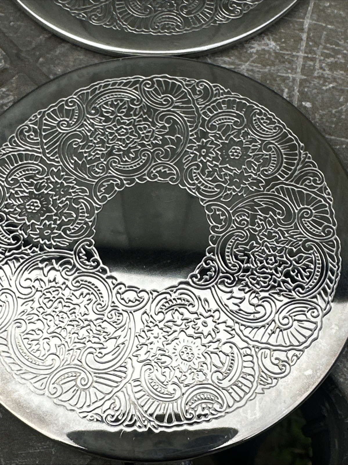 Vintage Silver Plated Set of 6 Etched Round Coasters in Caddy Holder 7 Piece Set