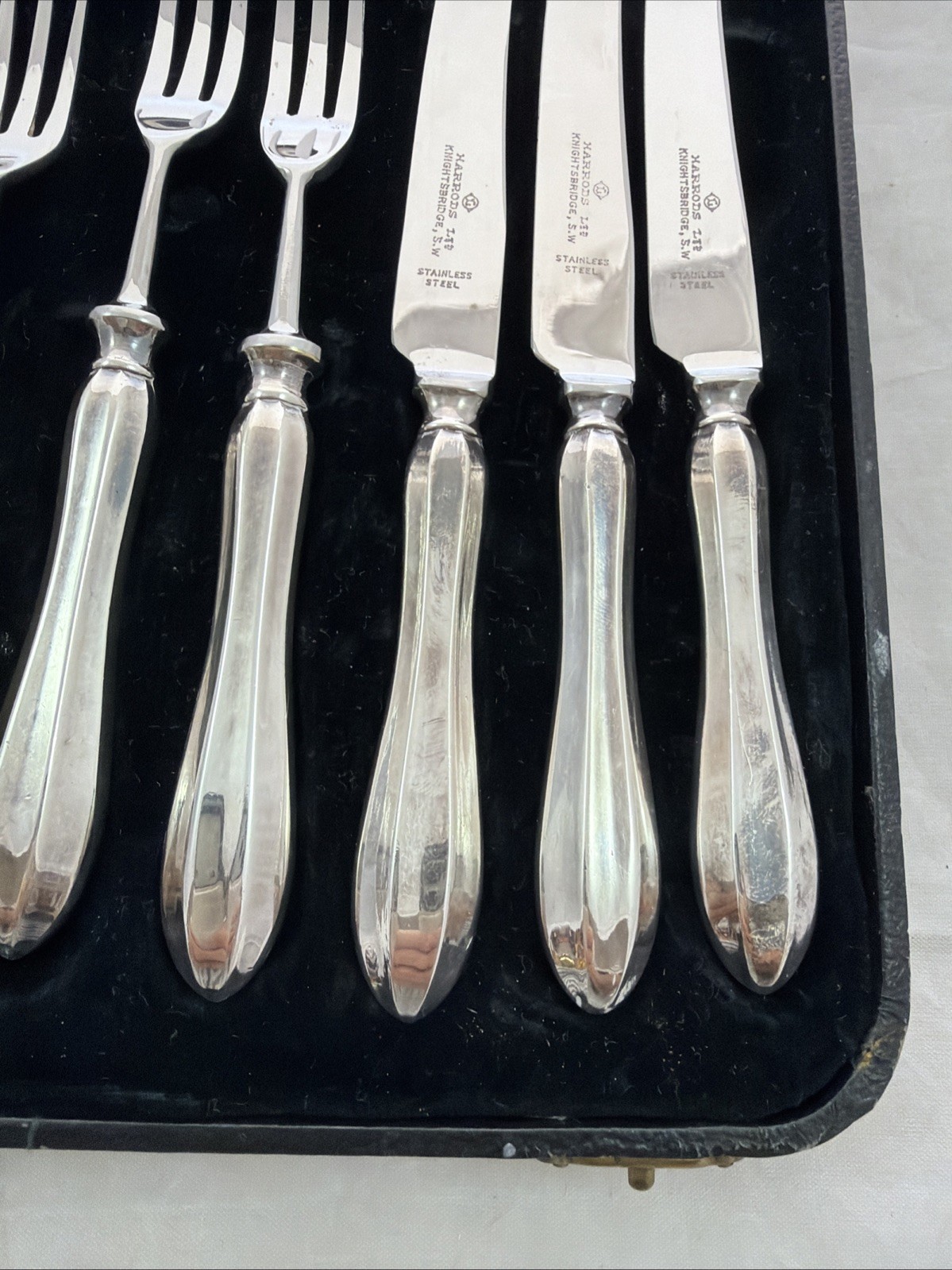 Harrods London S.W. Set of Antique Silver-Plated Dessert Forks & Knives w/ Case