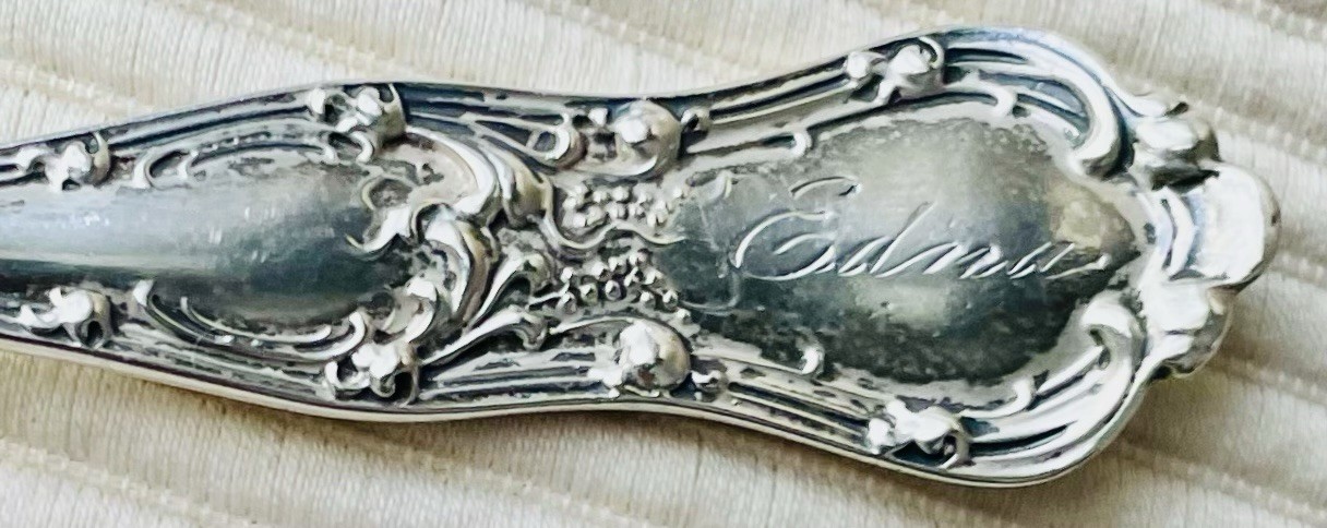 RARE George Shiebler GOTHIC (1892) Sterling Silver 5 1/2″ Teaspoon EDNA Monogram