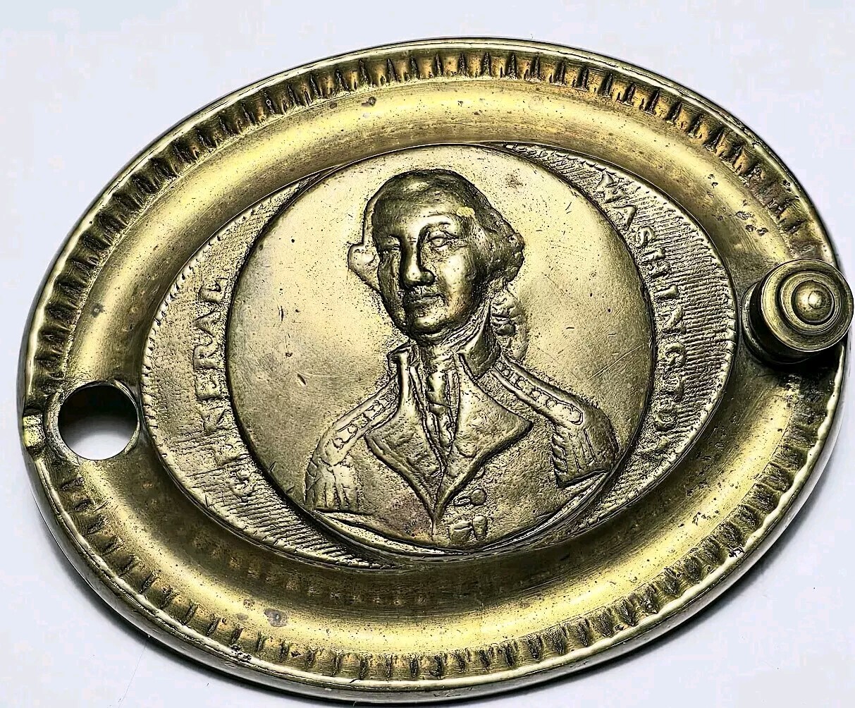 Antique General George Washington Portrait Oval Brass Drawer Pull Escutcheon