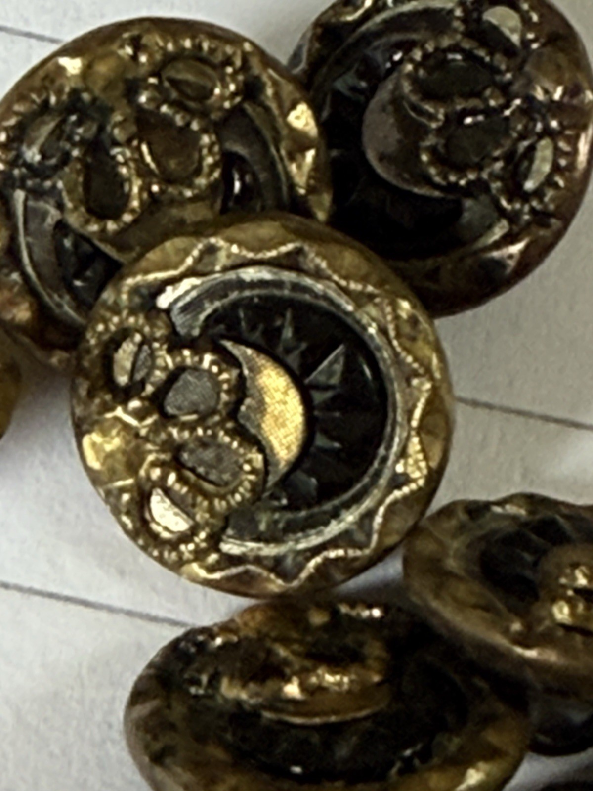 12 Antique Victorian Brass & Black Glass Celestial Moon 12mm Buttons Witchy Goth