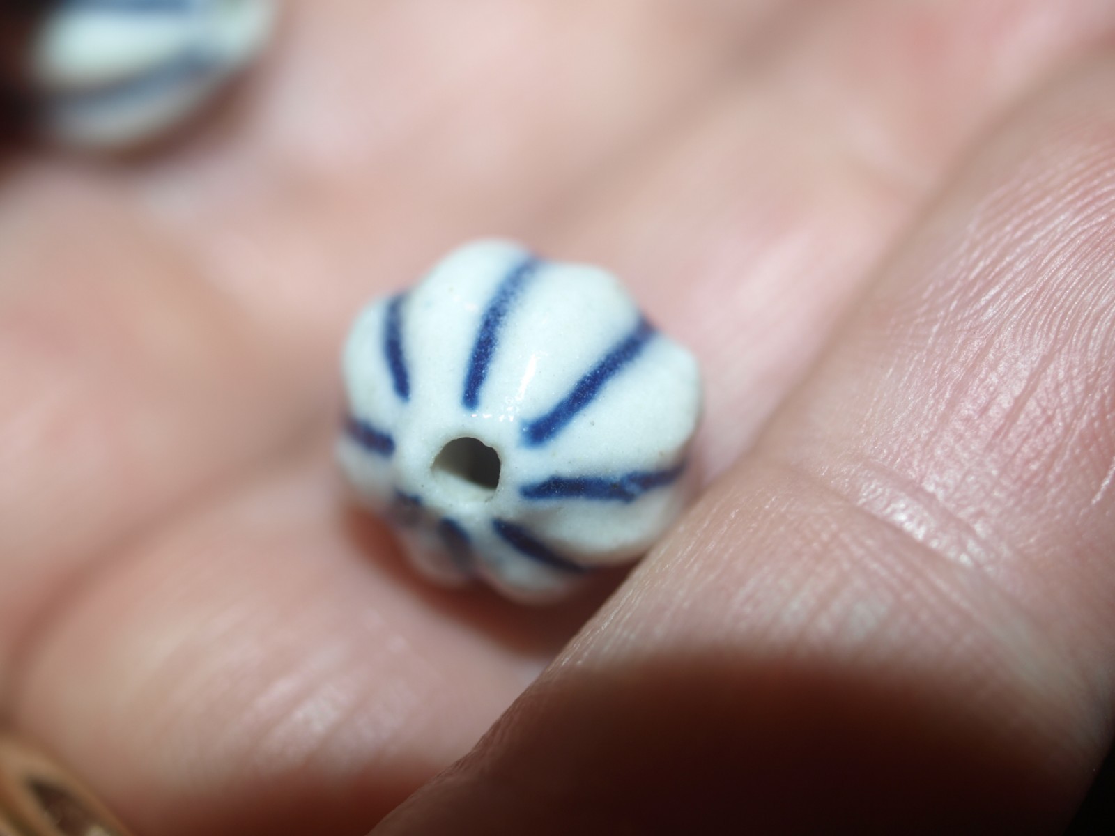 Vintage Blue and White Porcelain Chinese Bead textured Melon Shape 12mm x 10mm