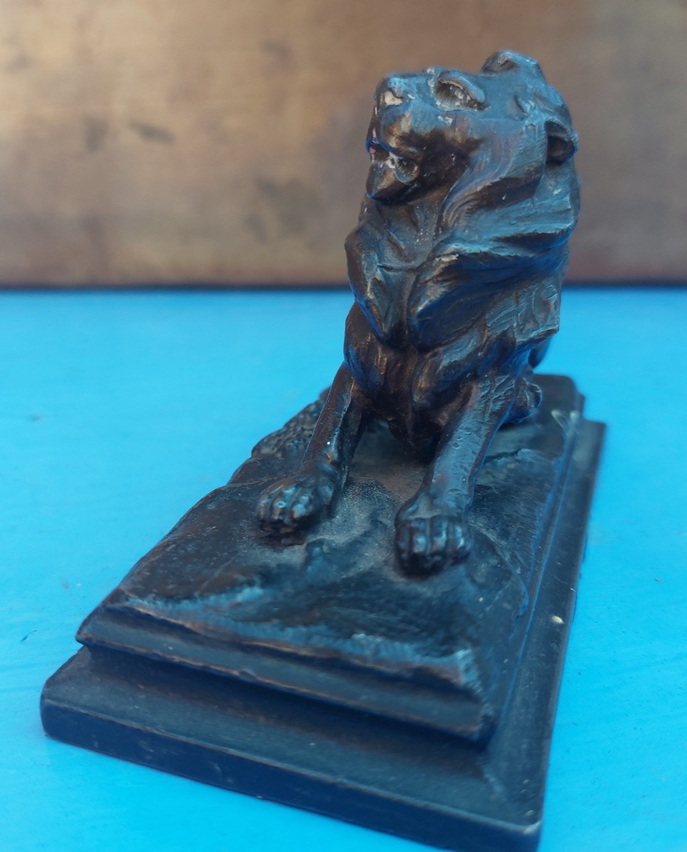 Vintage French cast metal lion on base, desk ornament, spelter