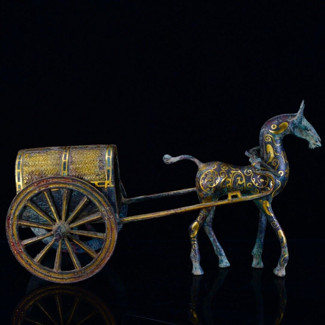 14” Ancient China Bronze gilt Ware Dynasty War Horse drawn cart Sculpture