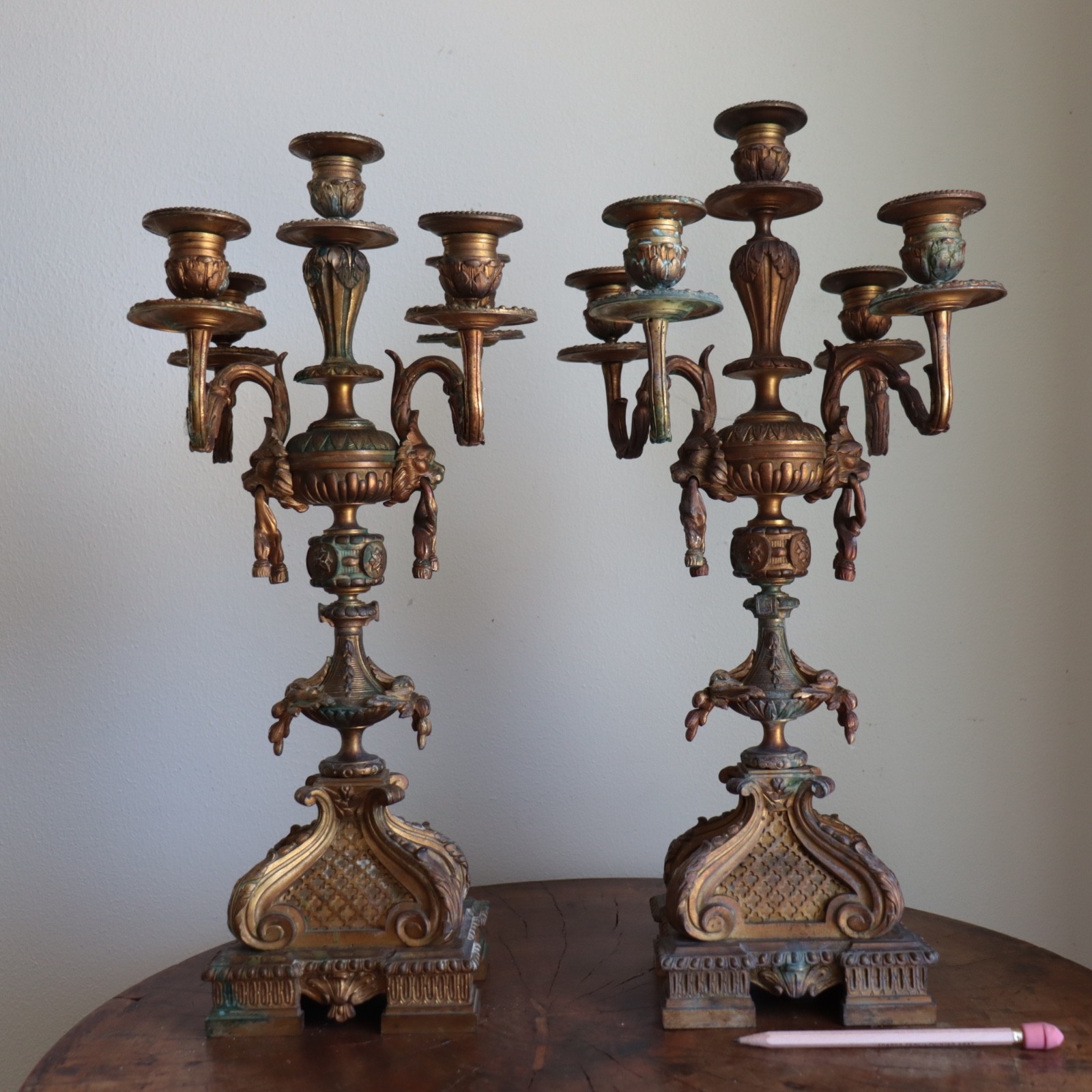 Pair Antique French Candelabra Gilt Bronze Louis XIV Style Lion Dore Ormolu 19th
