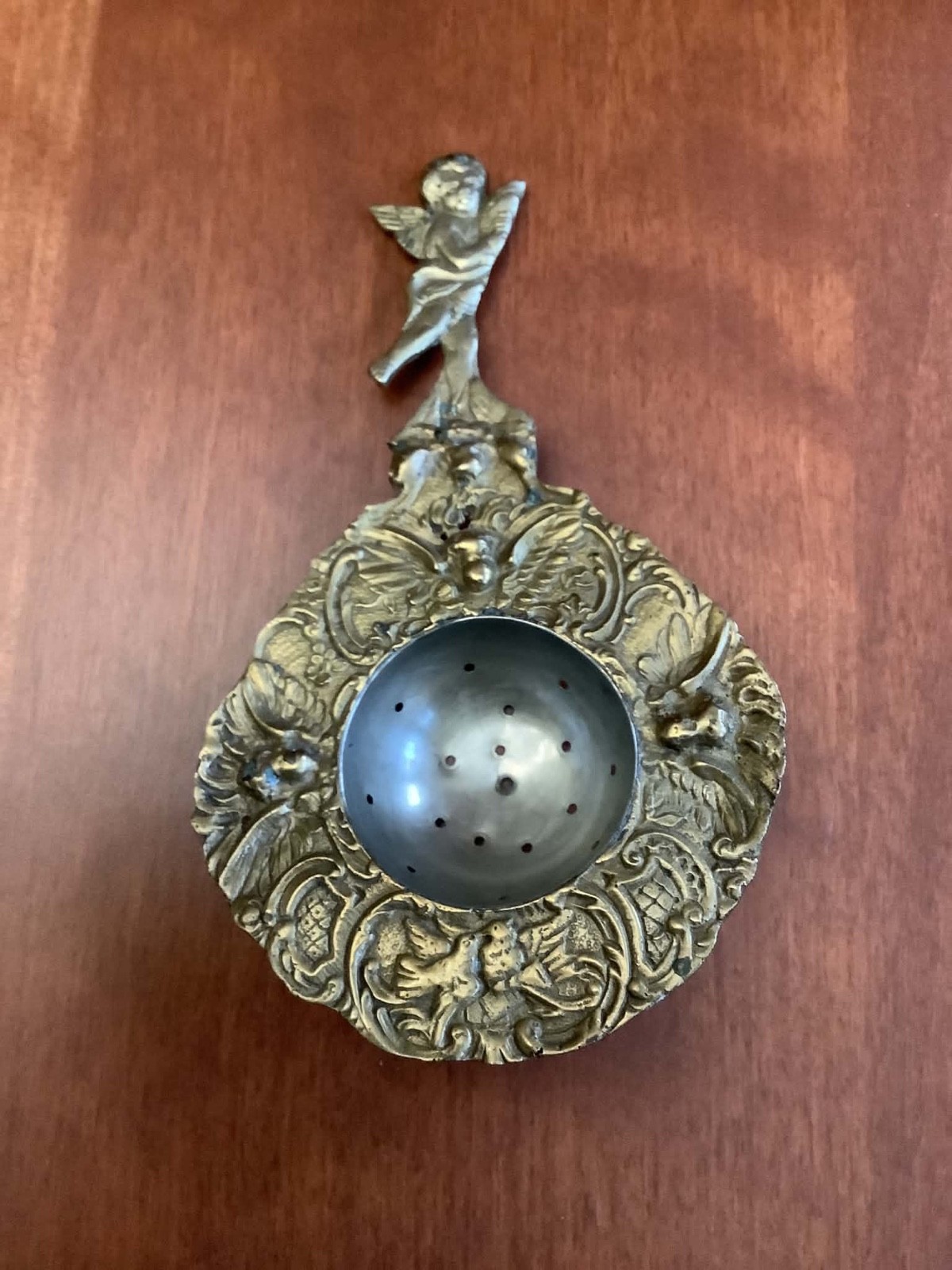 Antique Ornate Early 1900s Italian Brass & Silver Tea Strainer Cherubs Gorgeous