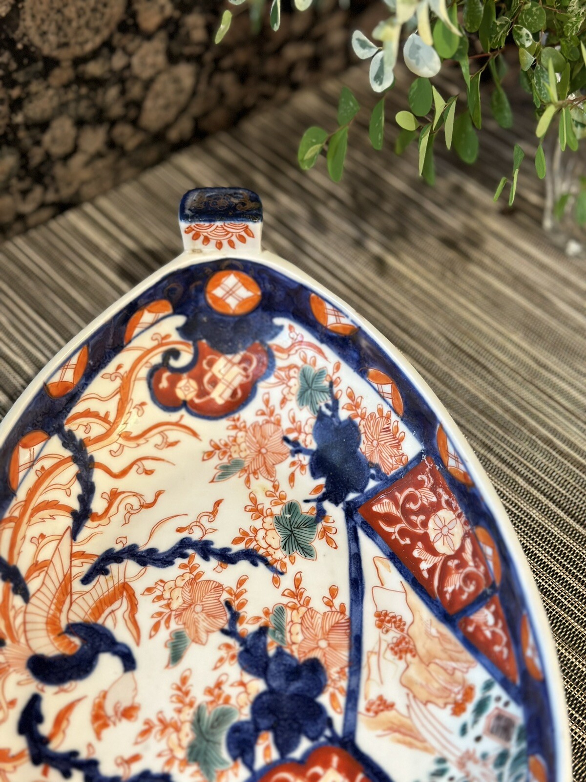 1850-1899 Antique Japanese Meji Period Imari Boat Platter Palatial Hibiscus