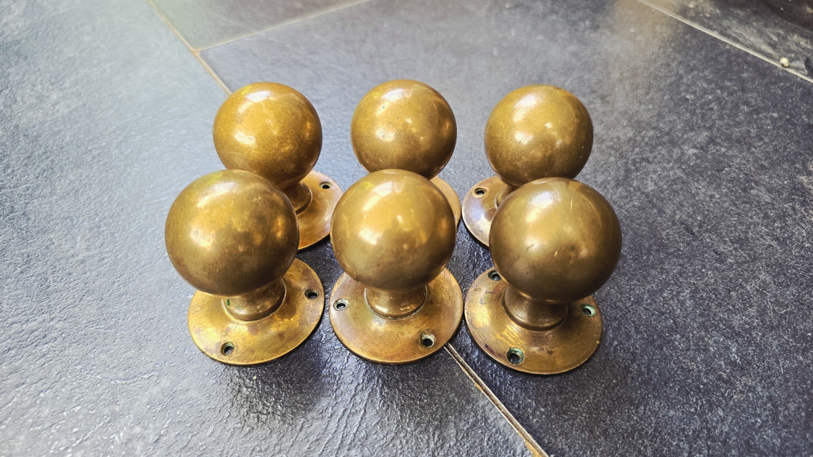 3 x Pairs of Antique Brass Round/Ball Door Knobs/Handles. Great Patina