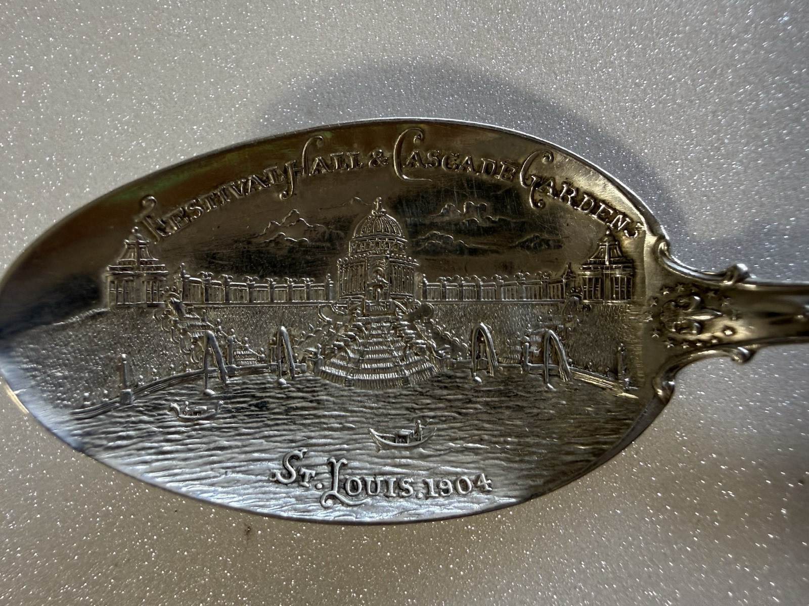 Sterling St. Louis Souvenir Spoon Festival Hall & Cascade 1904 Monogram Dent