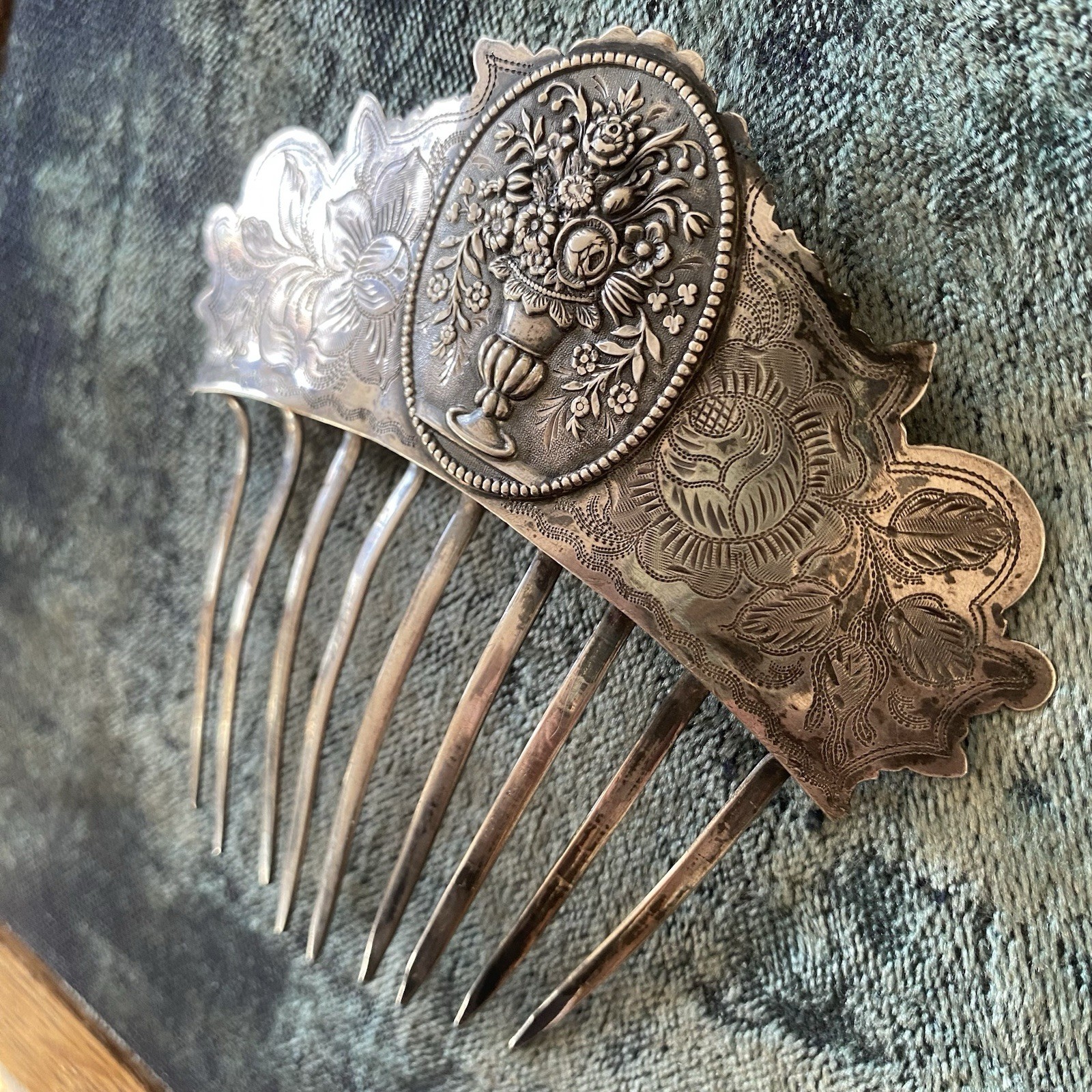 American Early Coin Silver Hair Comb Antique .900 Basket of Flowers Not Sterling