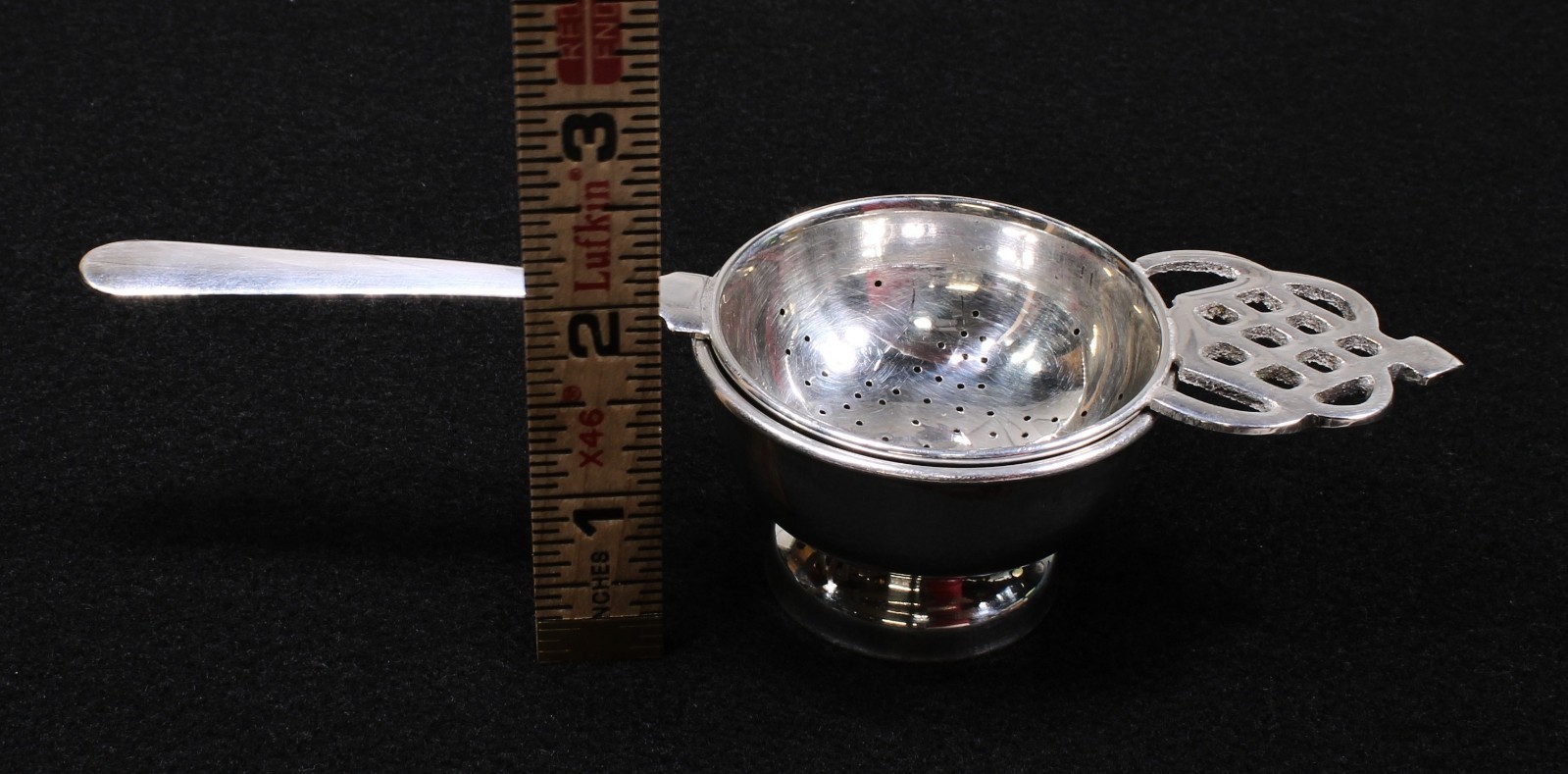 Vintage Silver Plated Tea Strainer With Drip Cup Ornate Crown Lattice Design