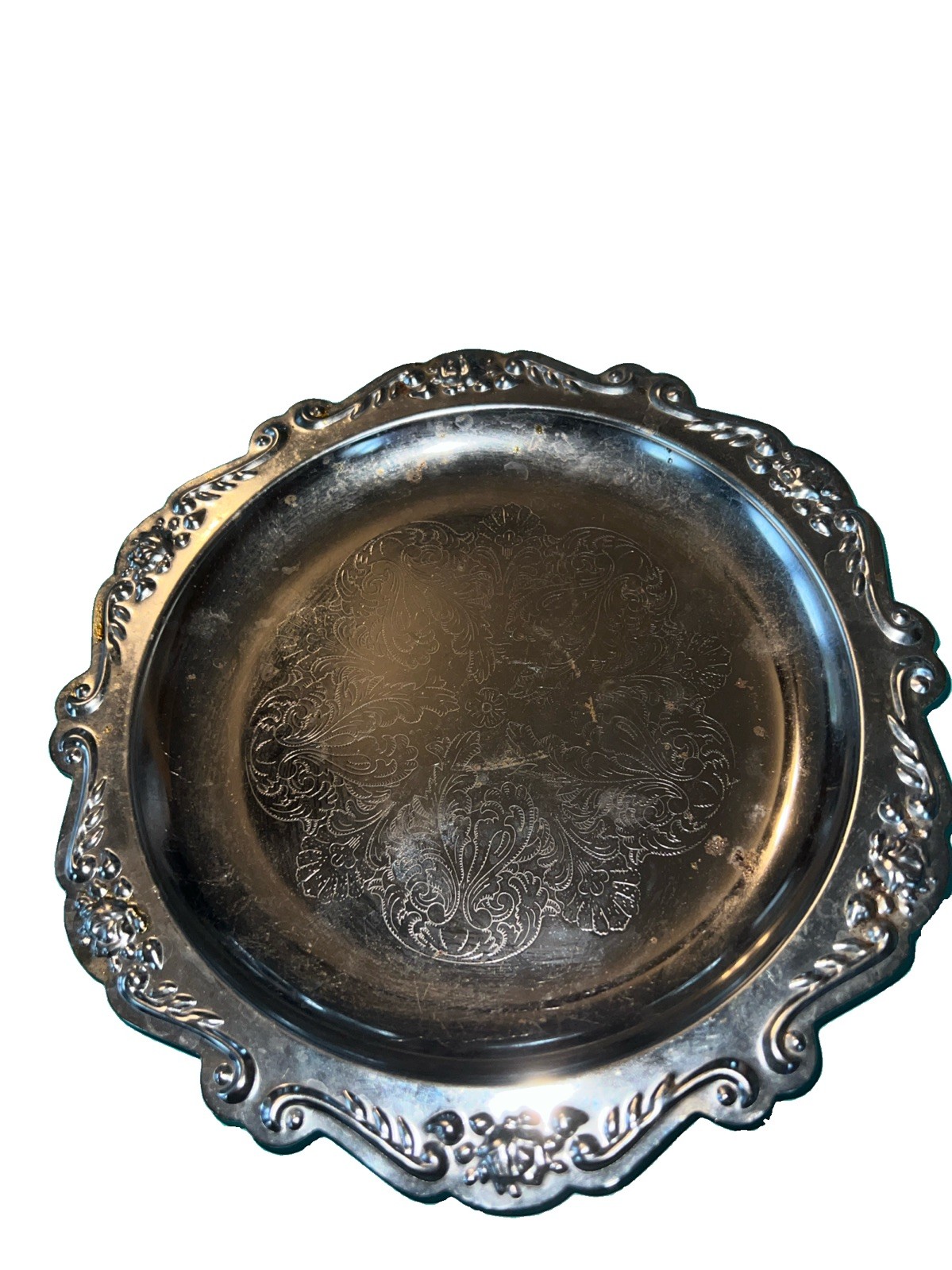 Silverplate Ornate Tray Post-1940 Decorative Engraved Platter 8”