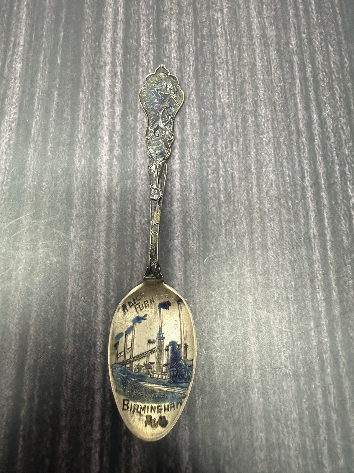 Vintage Birmingham Alabama Alice Furnace Sterling Silver Enamel Souvenir Spoon