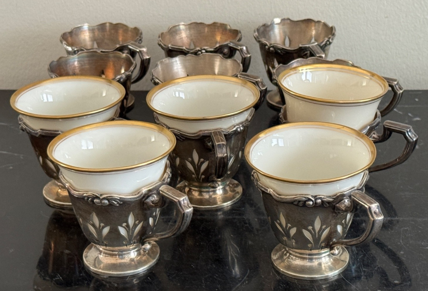 Meriden Britannia 11 Sterling Silver Cup Holders with 5 Lenox Inserts 438 Grams
