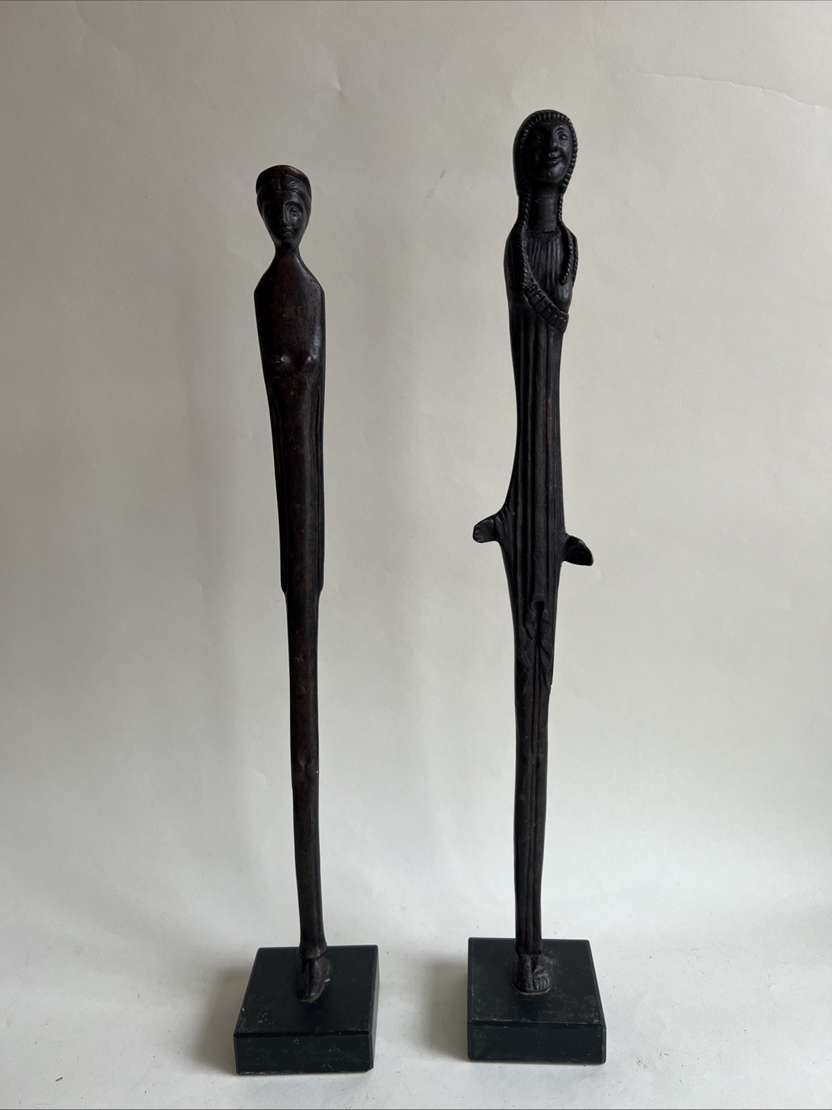 Two Large Bronze Etruscan MCM Giacometti-style Standing Greek Kore Sculptures