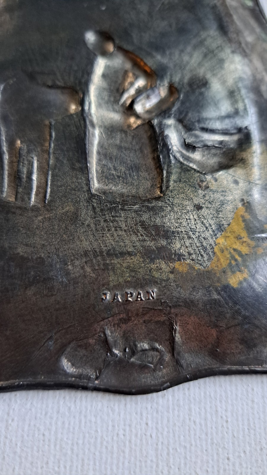 Antique Silver Plate EMBOSSED REPOUSSE TRAY TRINKET DISH Animal Floral Japan Cow