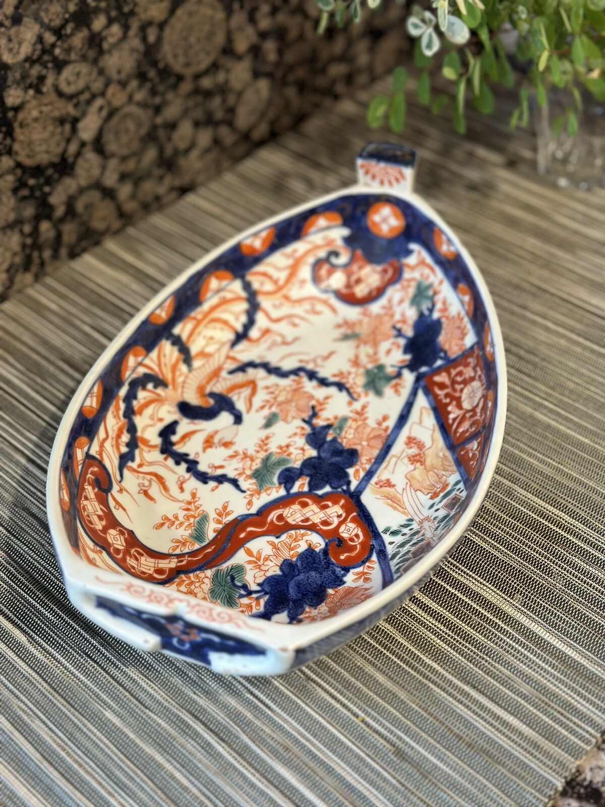 1850-1899 Antique Japanese Meji Period Imari Boat Platter Palatial Hibiscus