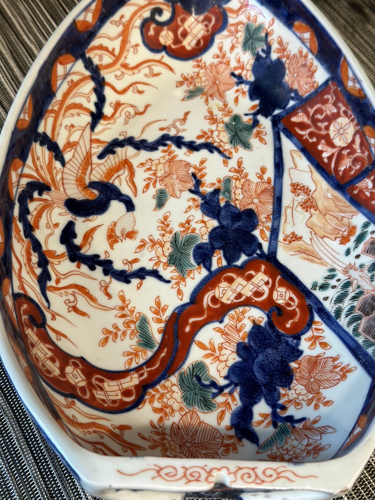 1850-1899 Antique Japanese Meji Period Imari Boat Platter Palatial Hibiscus