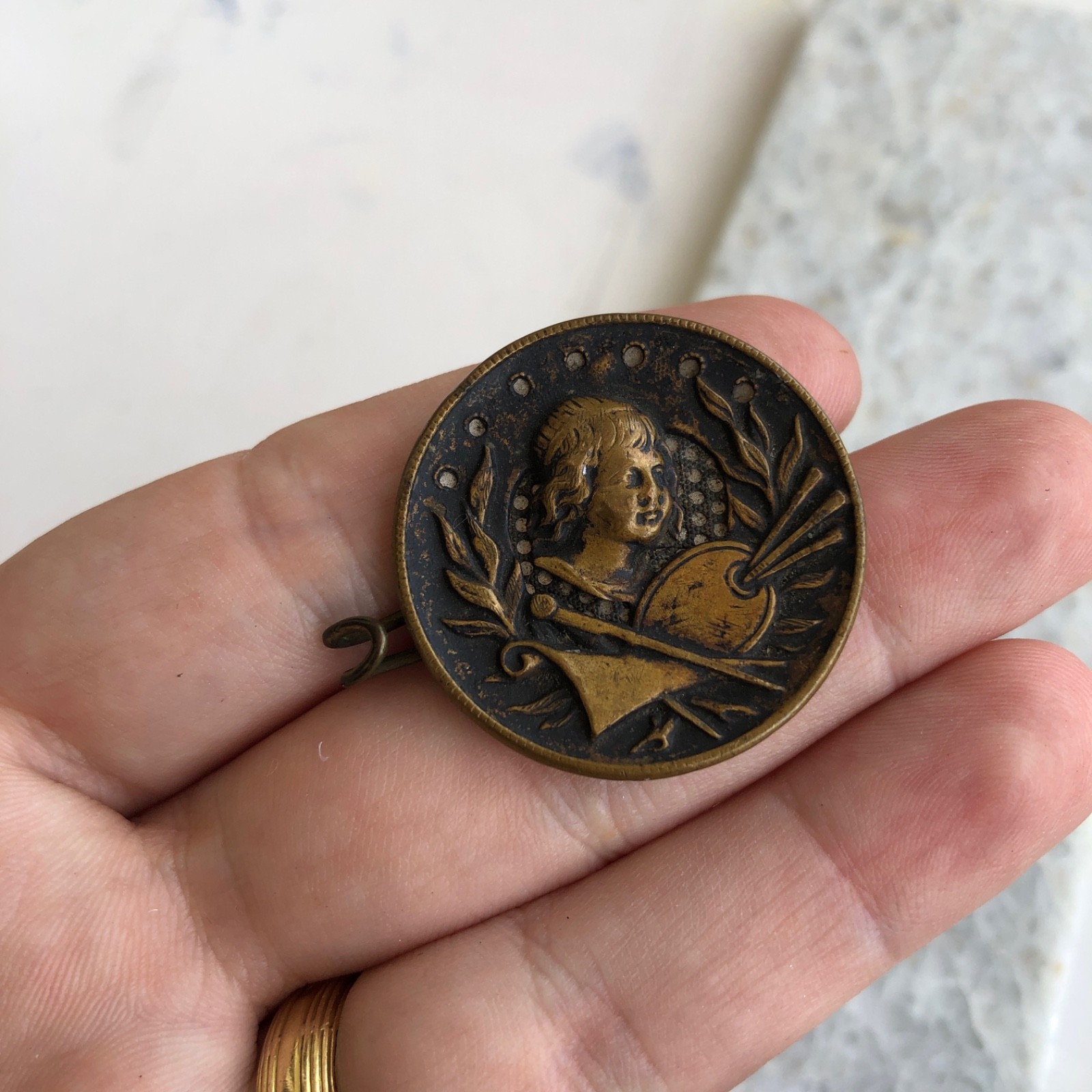 Antique Metal Portrait Shank Button , Artist/Painter Design – Modified Clasp
