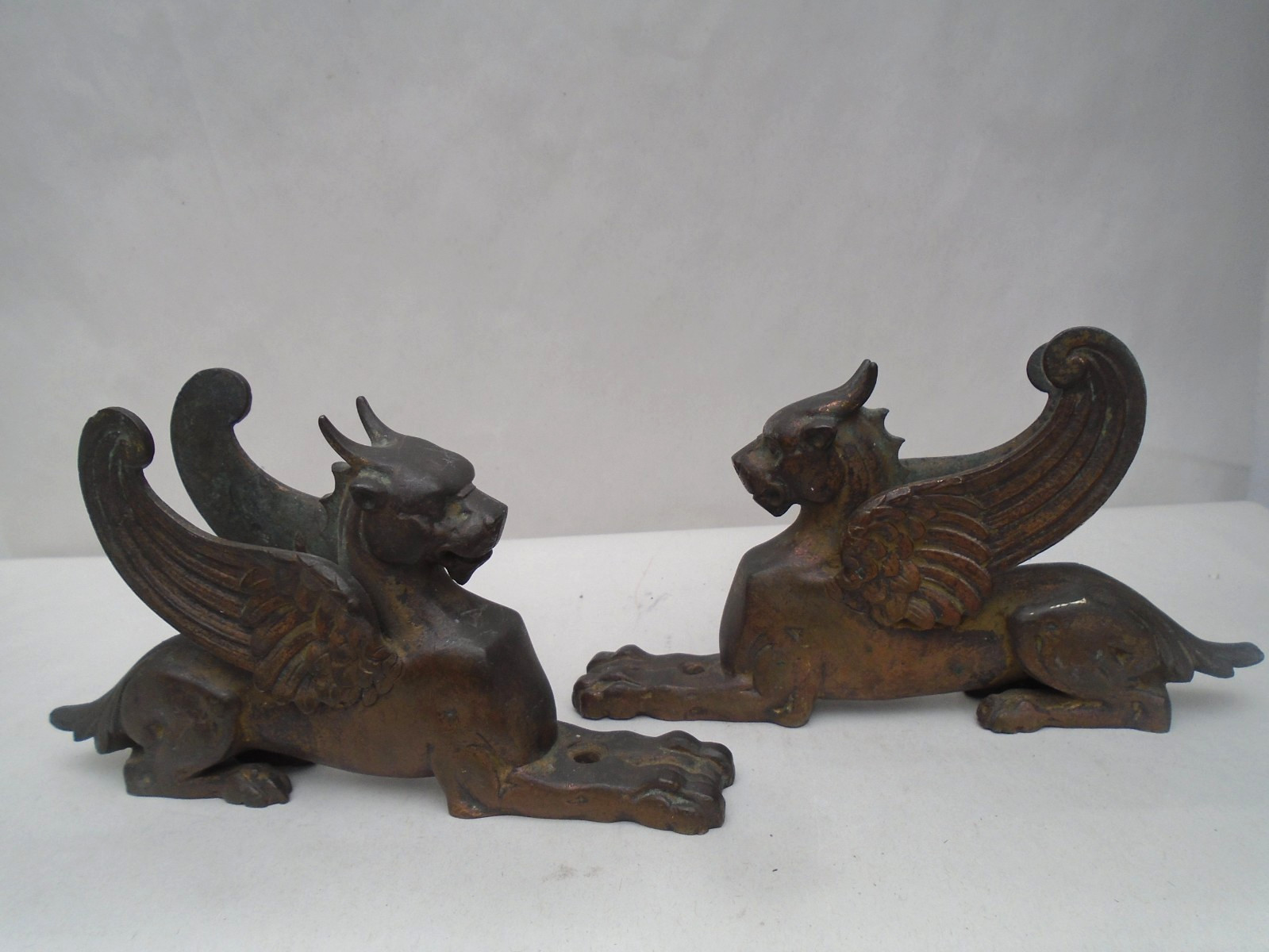 Superb pair of antique bronze GRIFFIN statues UNUSUAL MYTHICAL CREATURES