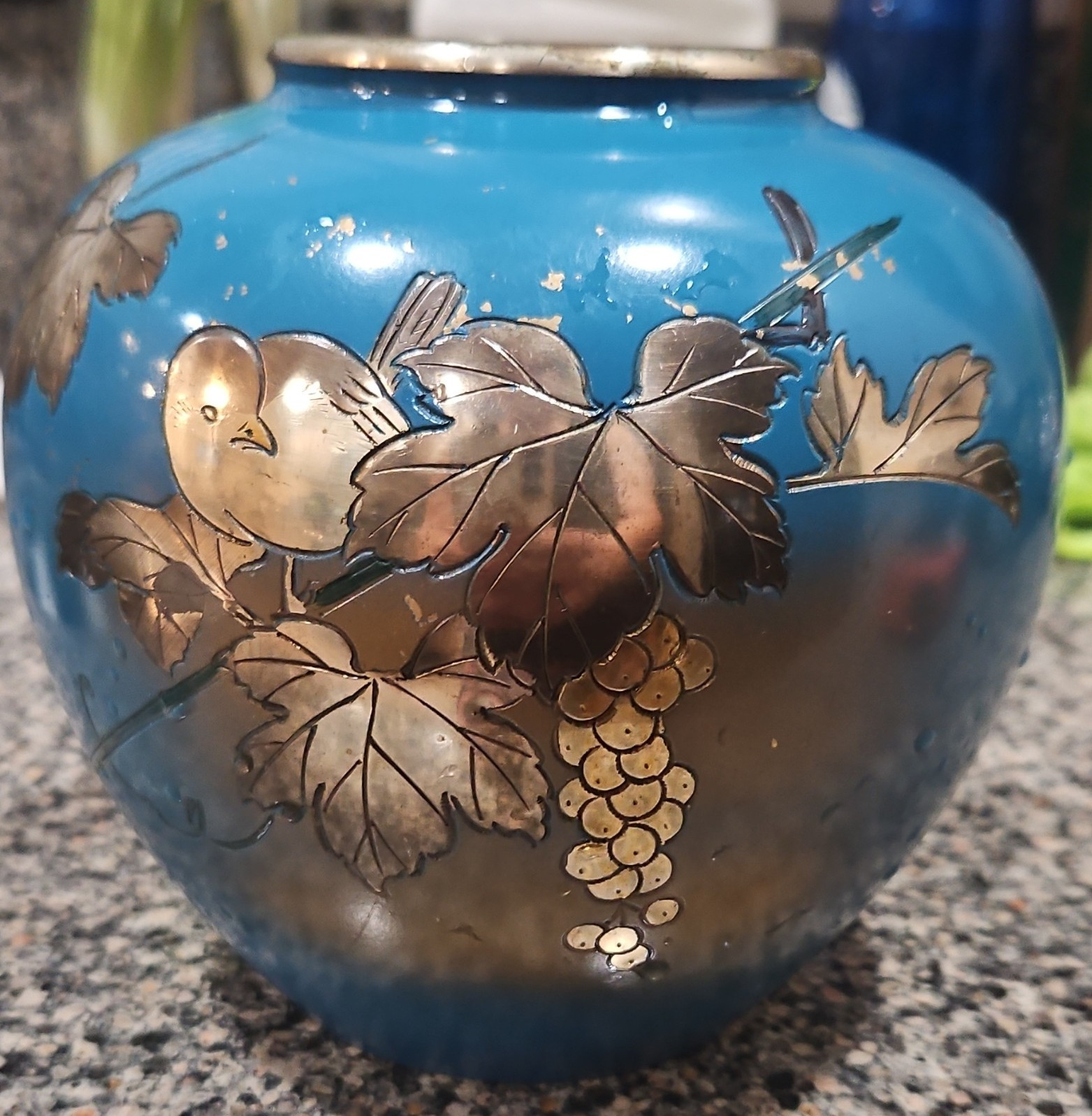Blue Metal Vase w/ Silver Bird & Grapes, Gold Accents, Made in Japan