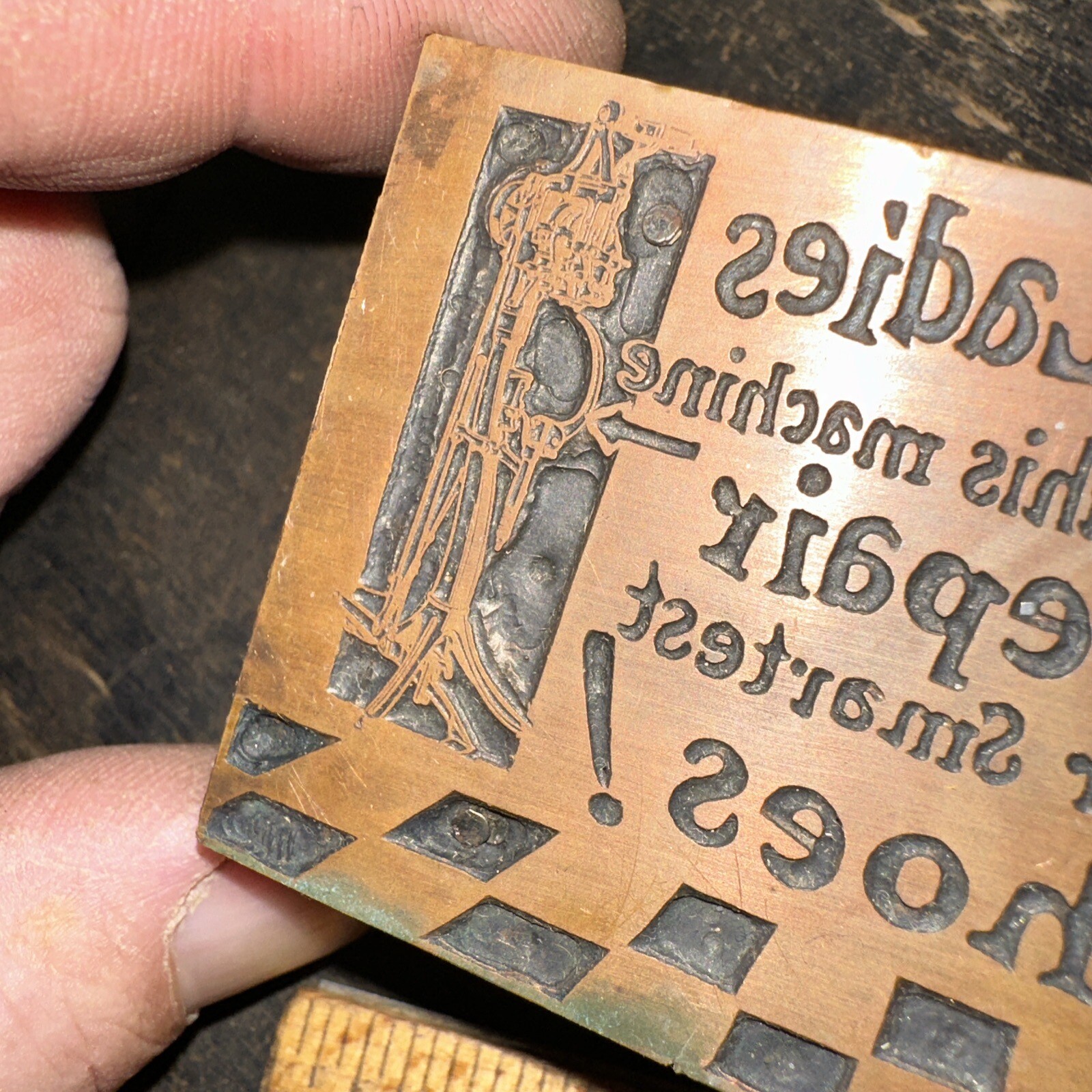 Vintage Printing Block “Yes Ladies, With This Machine We Repair your Shoes”