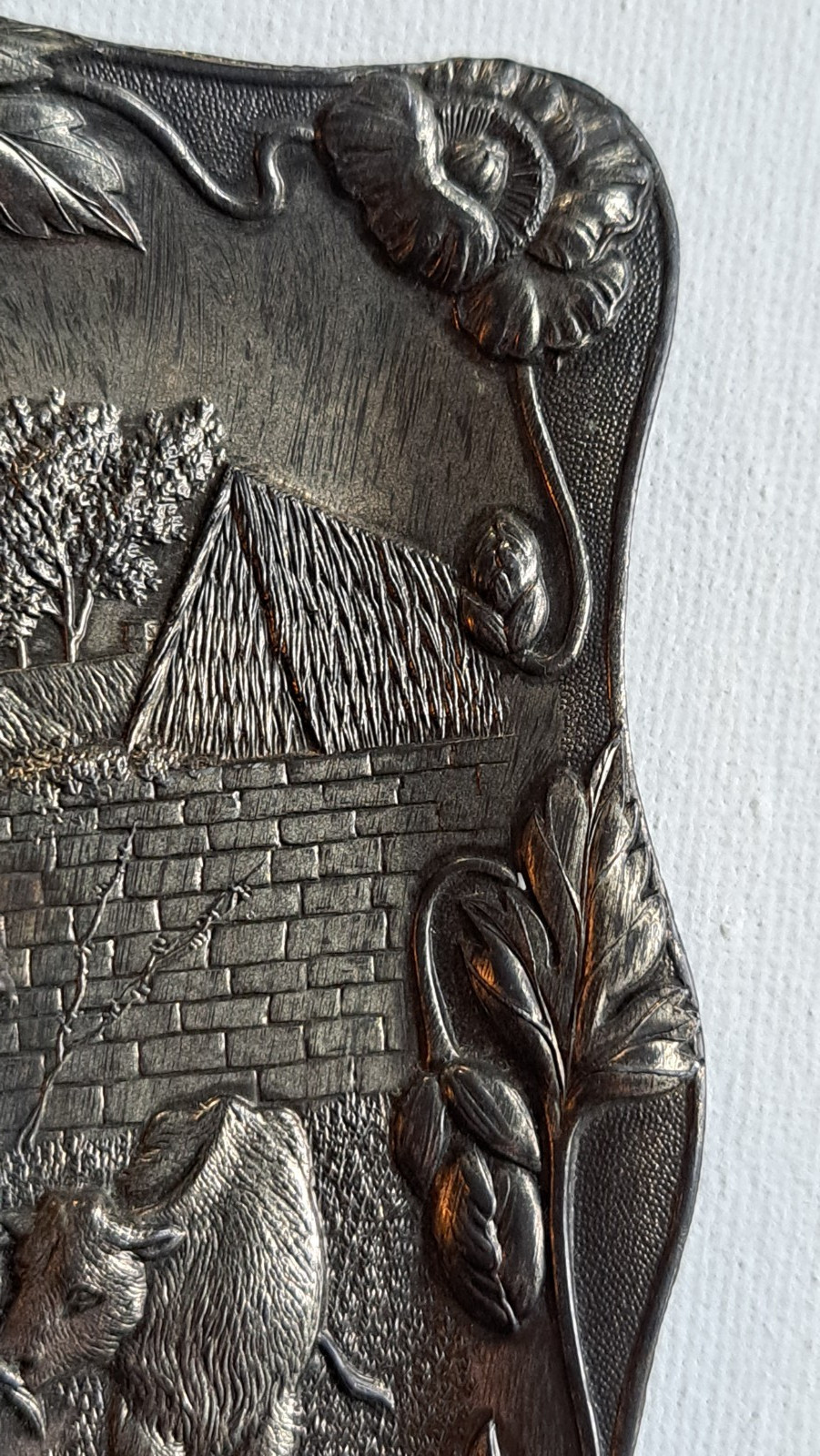 Antique Silver Plate EMBOSSED REPOUSSE TRAY TRINKET DISH Animal Floral Japan Cow