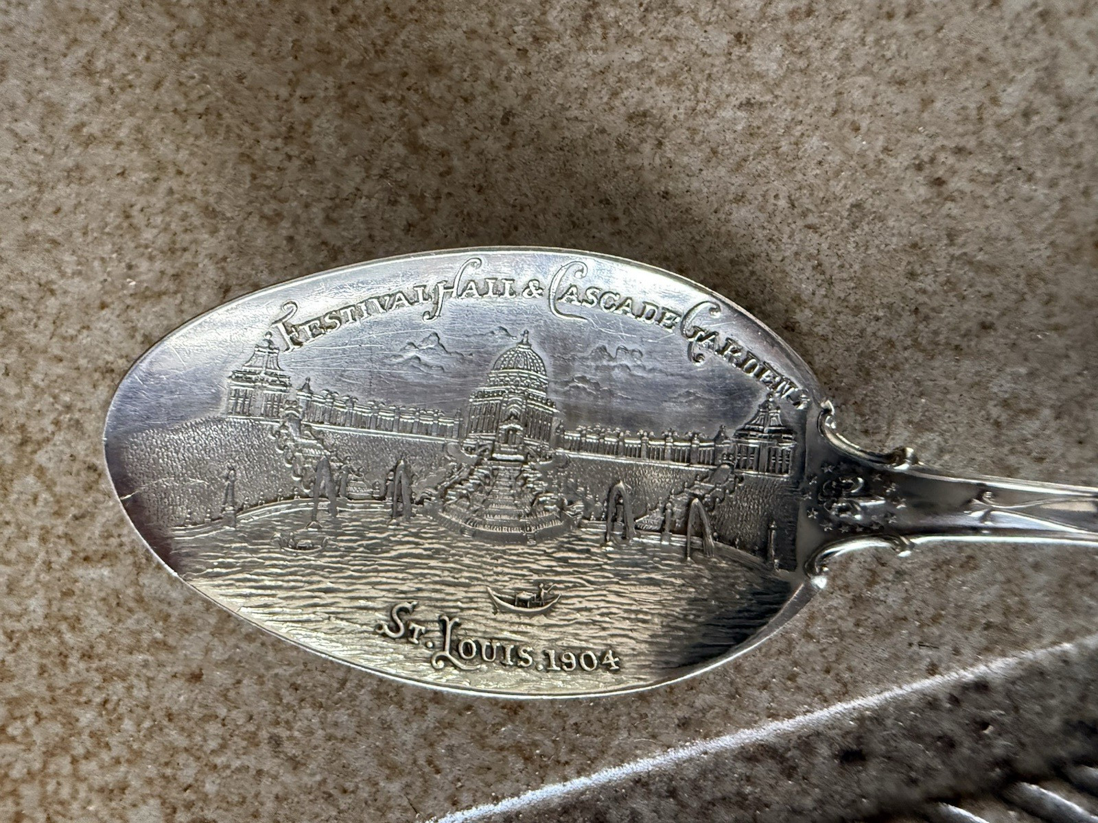 Sterling St. Louis Souvenir Spoon Festival Hall & Cascade 1904 Monogram Dent
