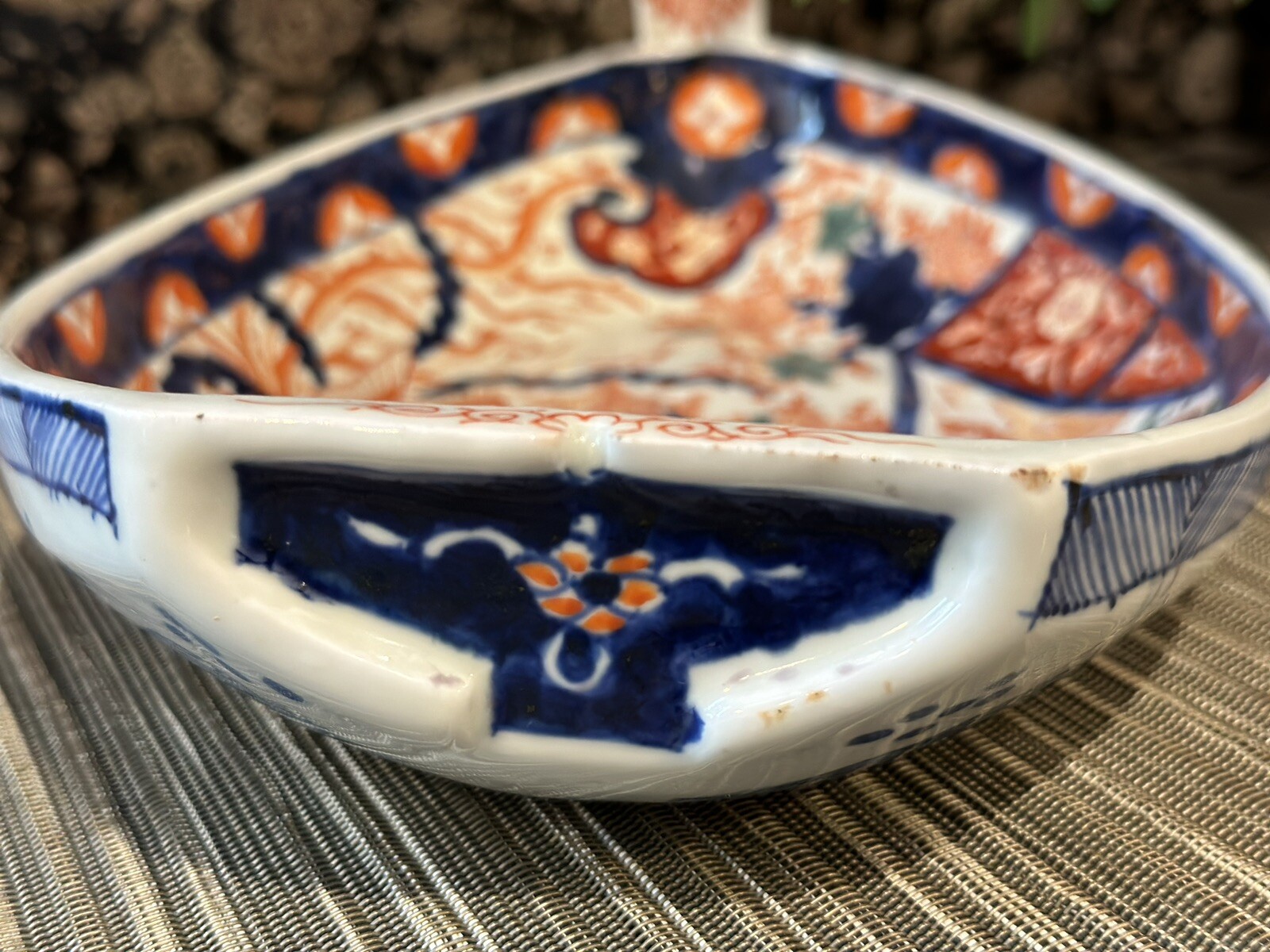 1850-1899 Antique Japanese Meji Period Imari Boat Platter Palatial Hibiscus