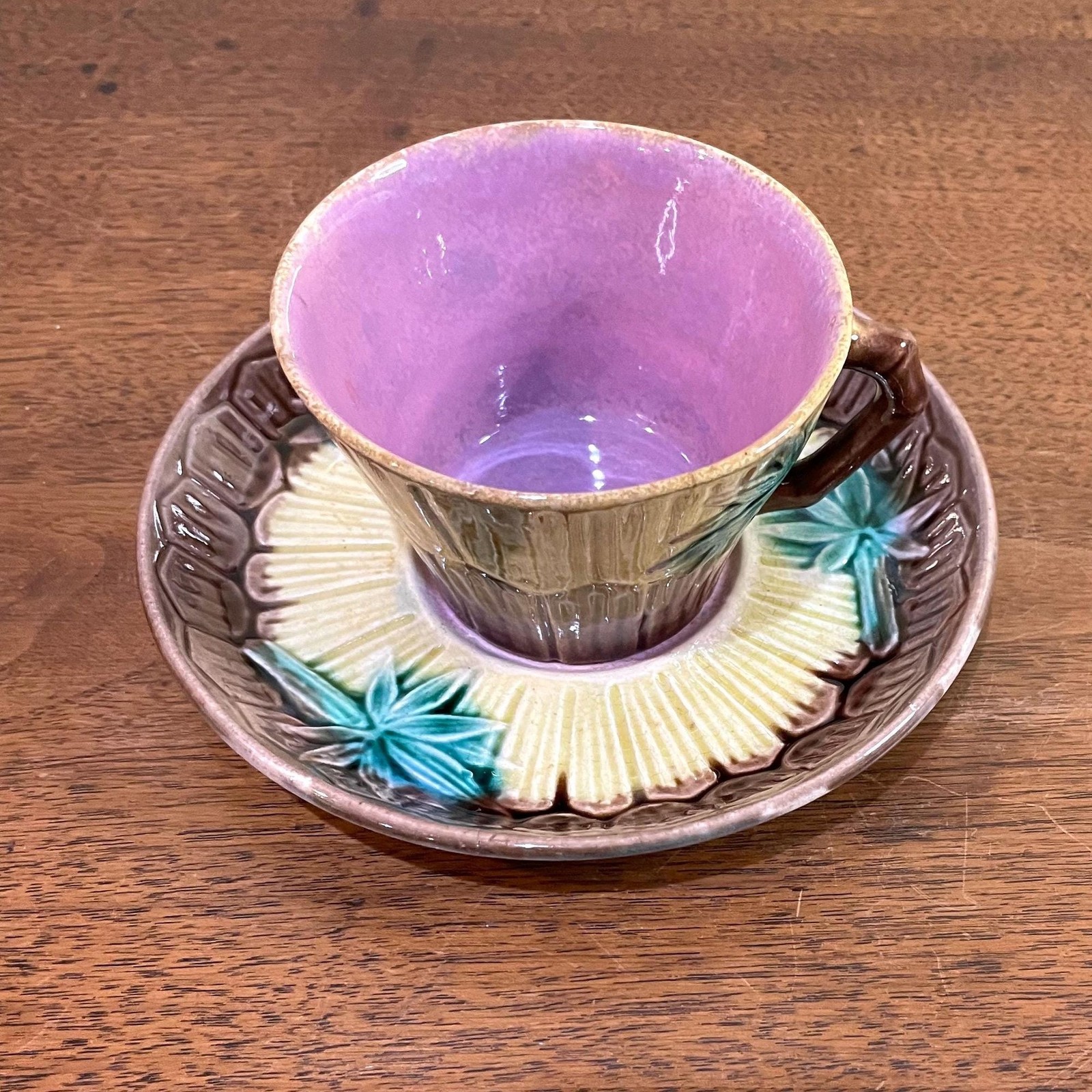 Antique Majolica Etruscan Bamboo Cup & Saucer Set, Circa 1880