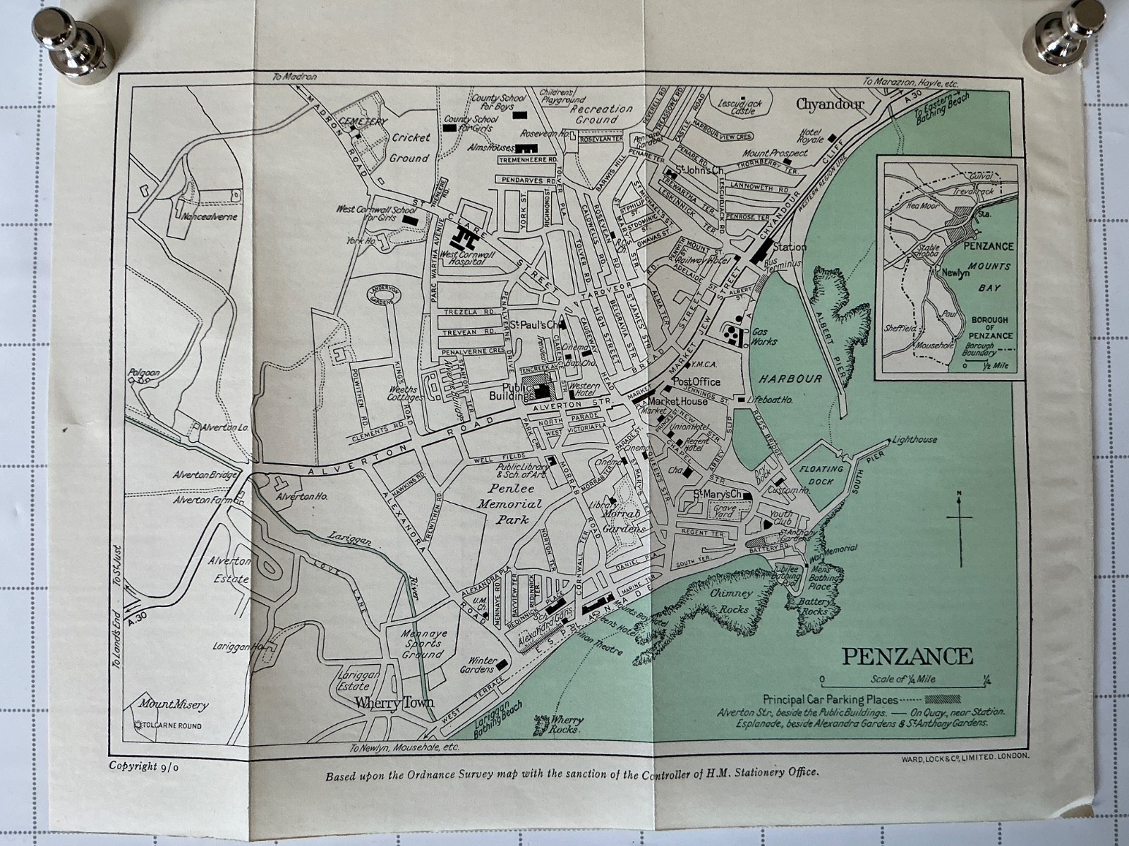 PENZANCE – 1950 Vintage Street Map Plan Hotels Railway Schools Penlee Park