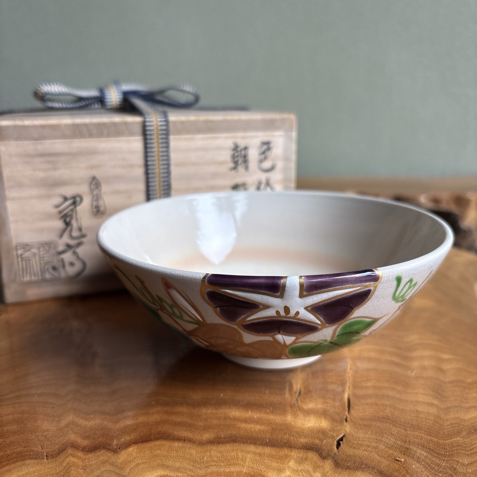 Japanese Morning Glory Hira Matcha Tea Bowl Chawan Kansai Kato Tomobako