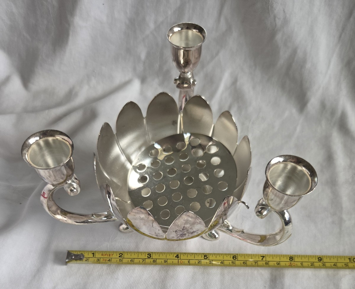 Vintage Leonard Candelabra Silver Plated Lotus Flower Frog 3 Candle Holder Bowl