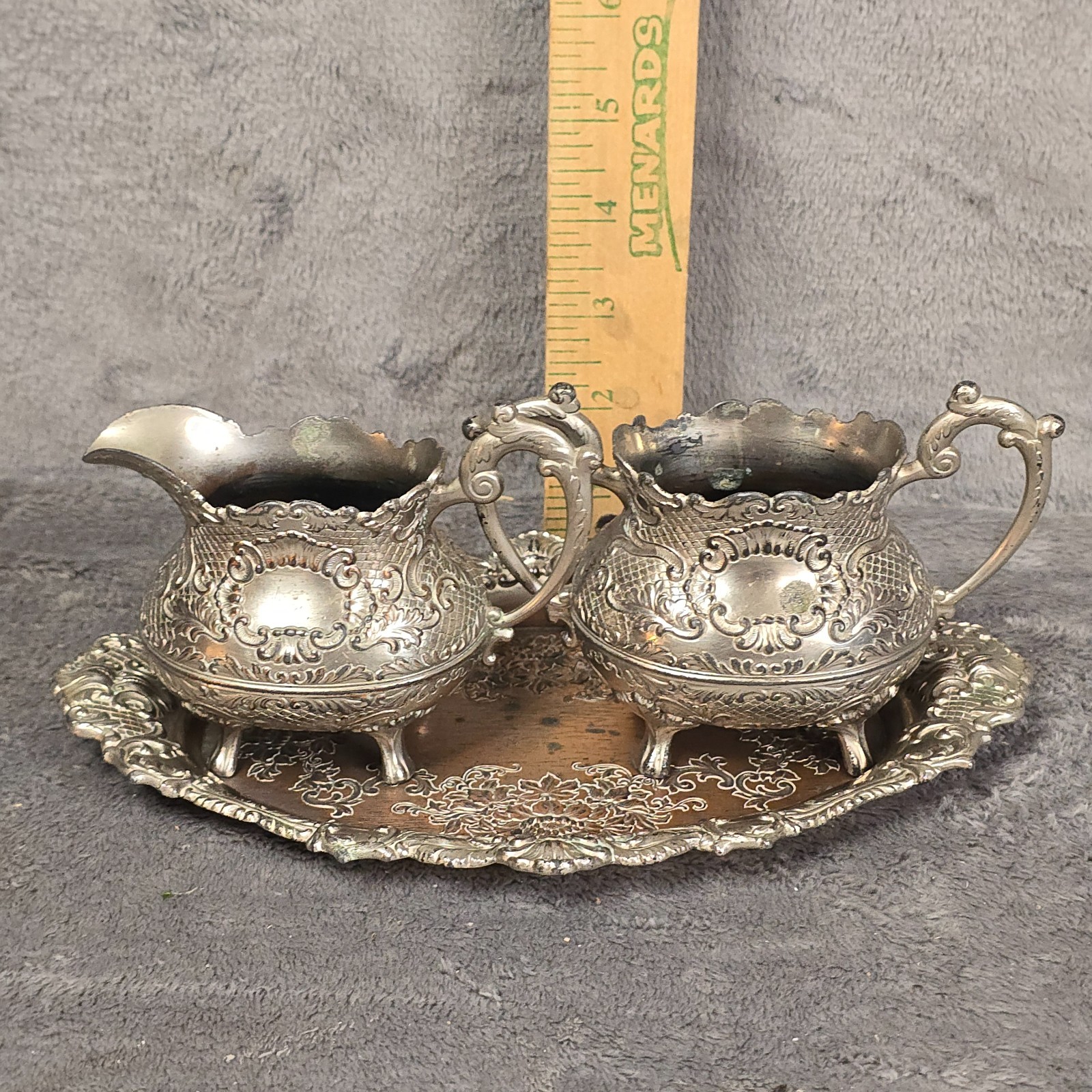 Vintage Silver Plated Creamer and Sugar Bowl Set with Tray Made in Japan Repouss