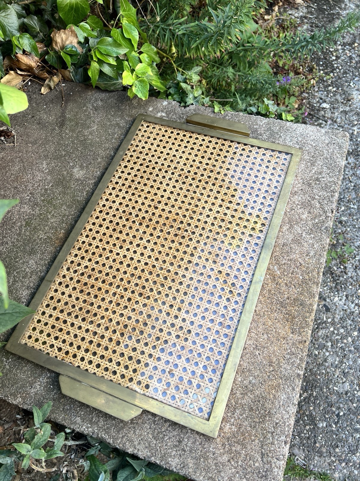 Vintage Mid Century Brass Lucite Rattan serving tray Montagnani Italy 1970s Old